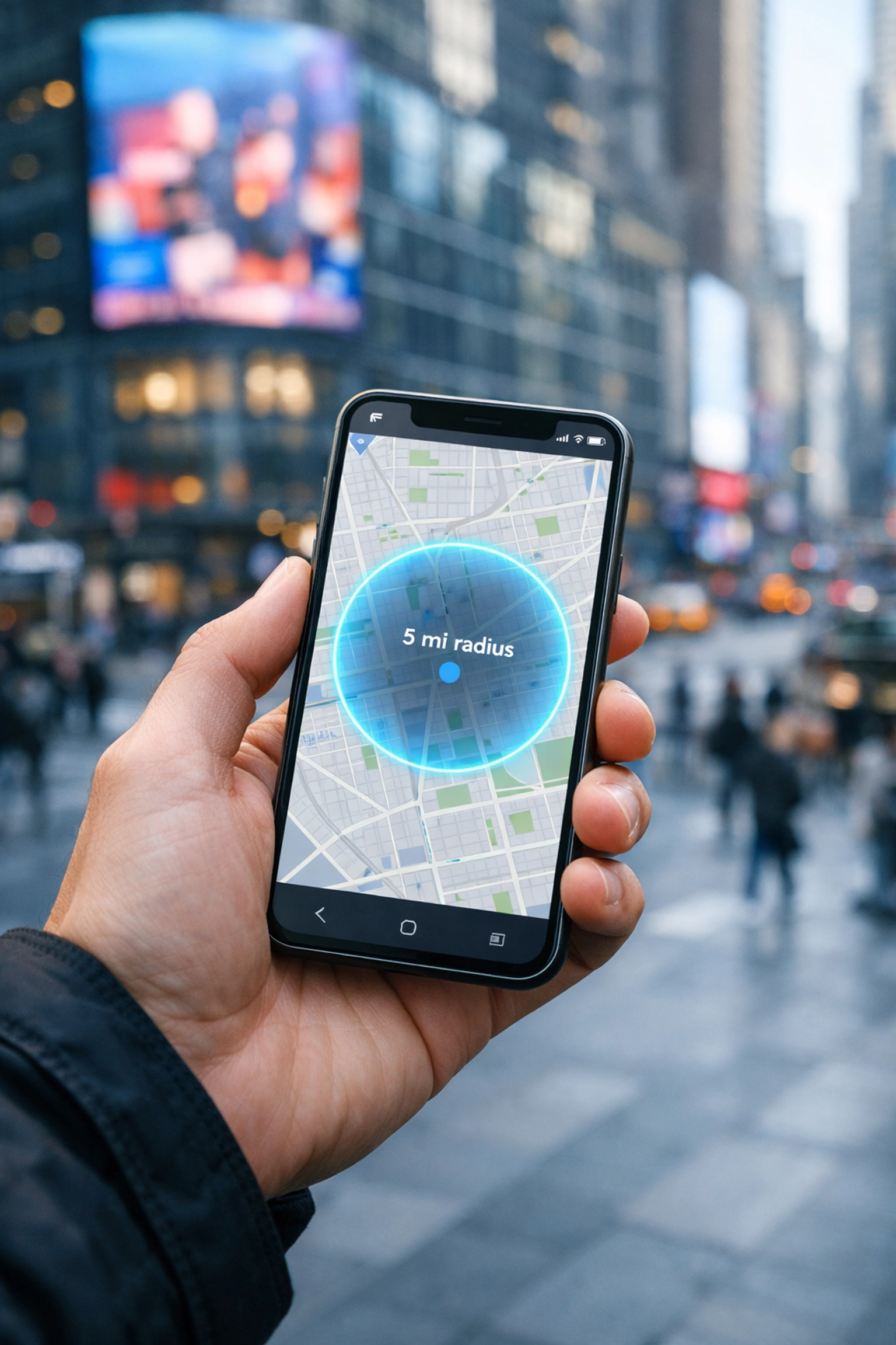 Smartphone map showing a 5-mile radius for hyper-targeted DOOH advertising in a busy NYC plaza.