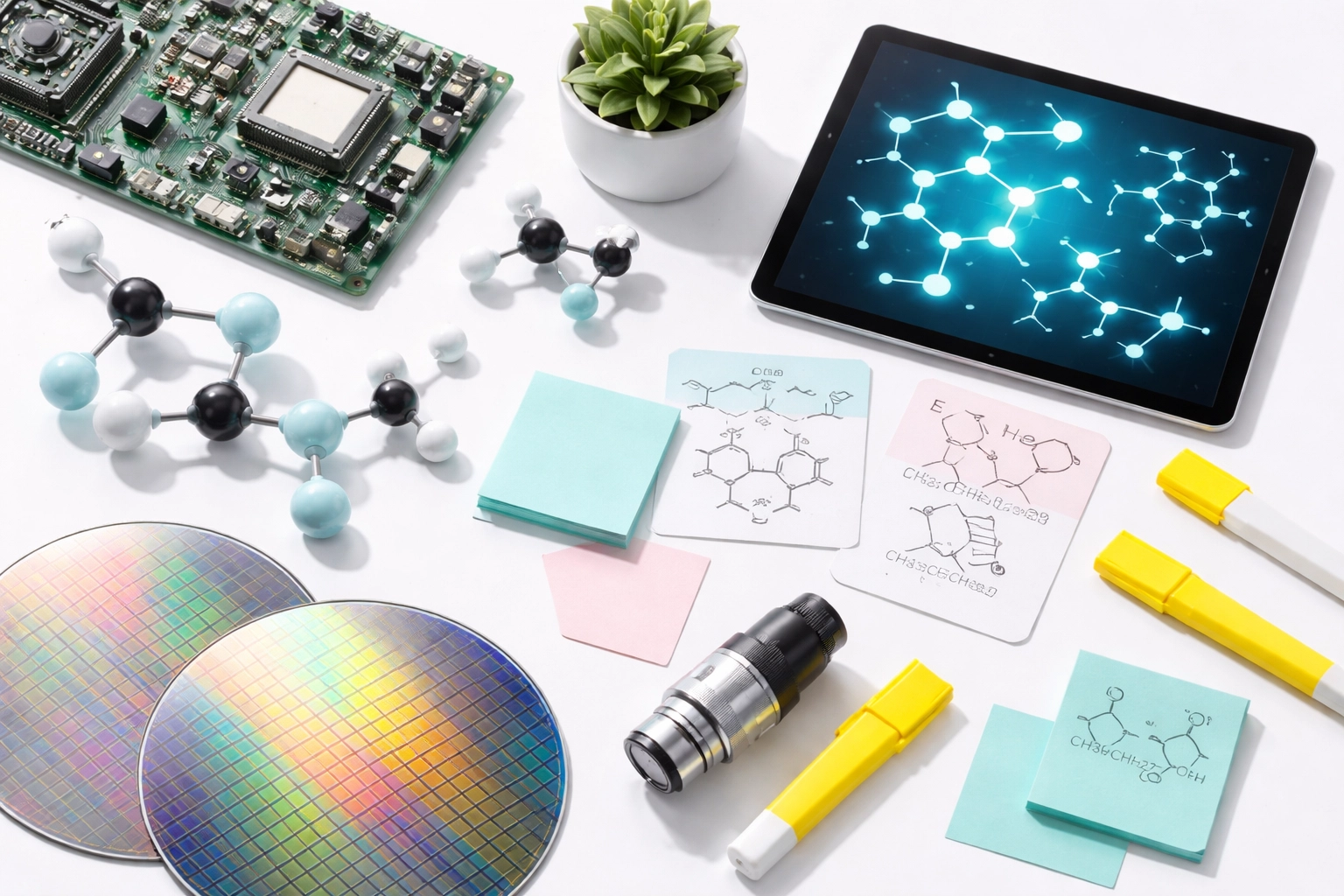 Modern chemistry study tools including molecular models, circuit board, microscope, and digital chemistry diagrams for STEM careers.