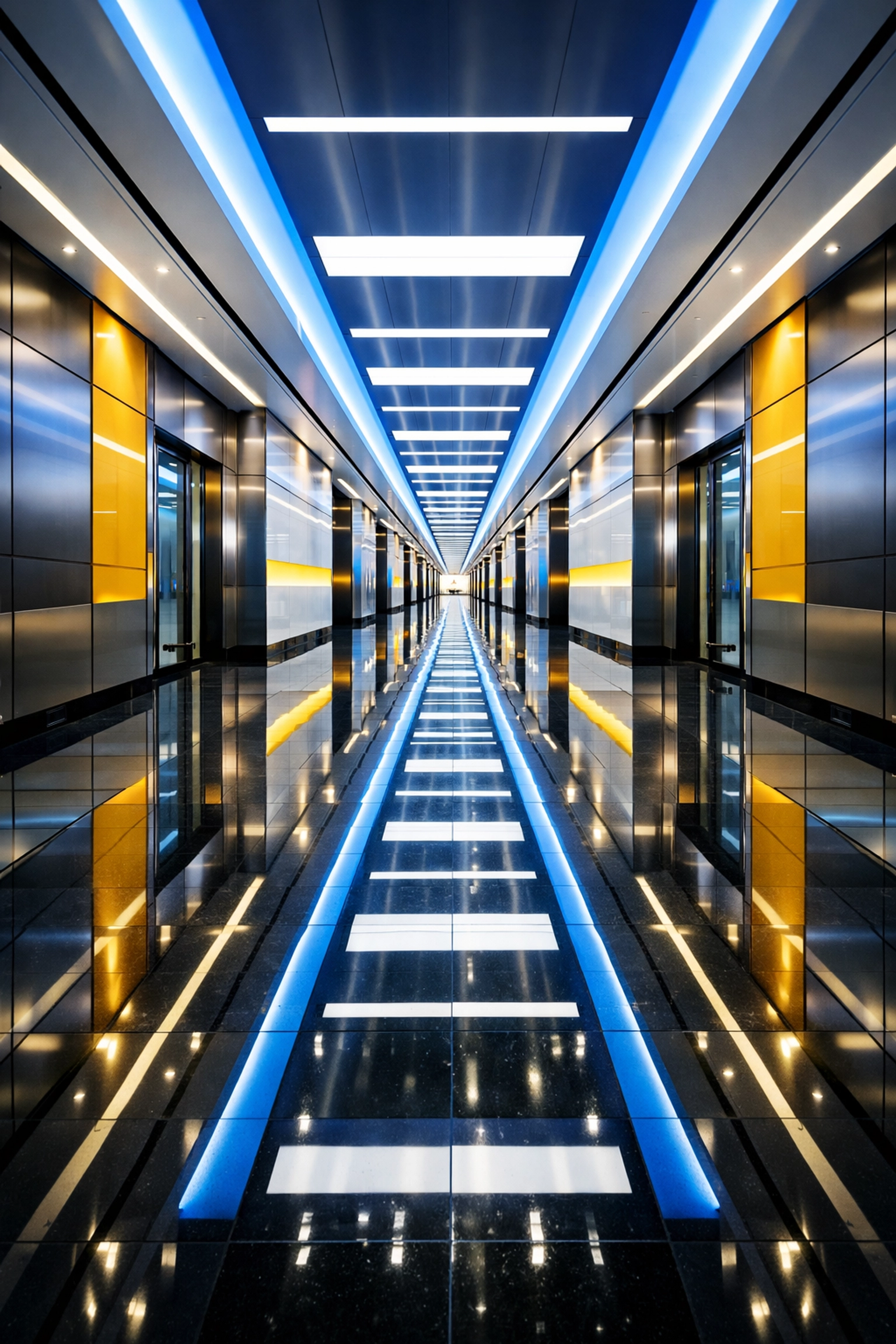 Clean commercial corridor in Easton, MA with high-shine floors reflecting professional janitorial maintenance.