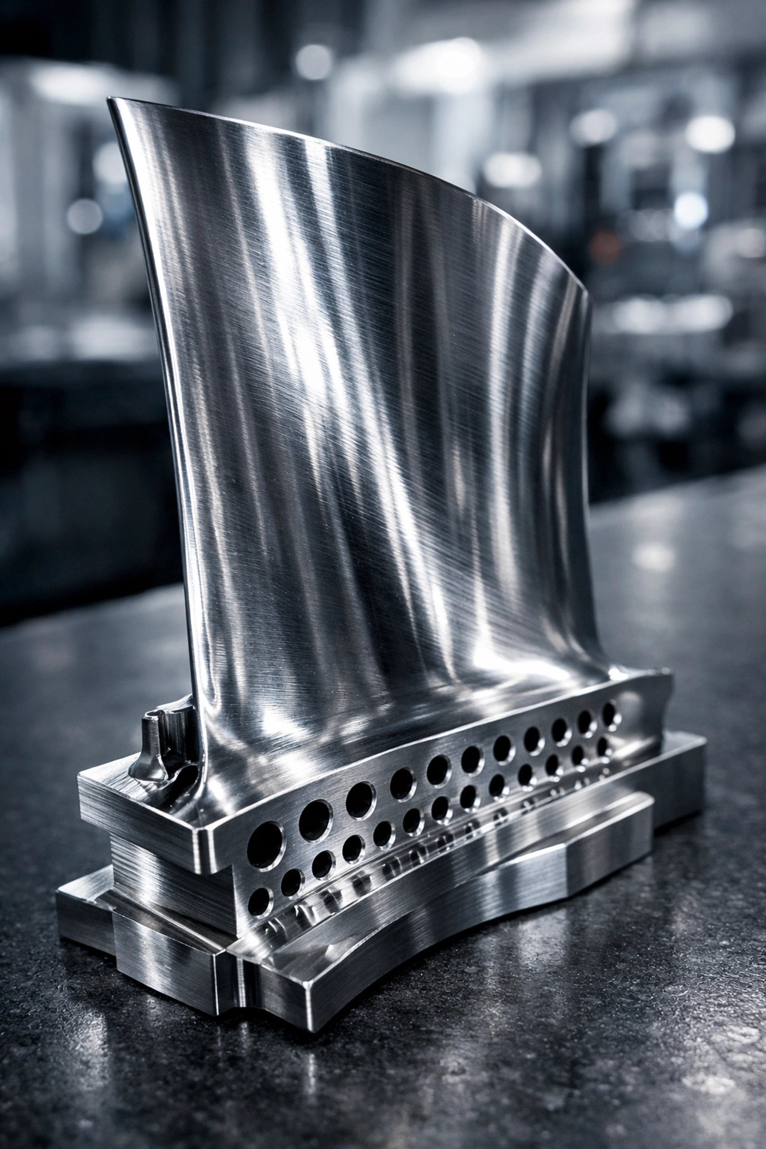 Precision aerospace turbine blade manufactured in a Connecticut shop requiring high cyber security standards.