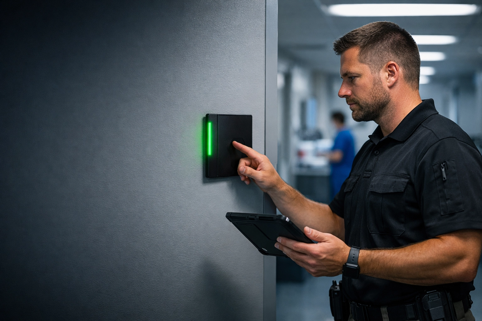 Professional configuring cloud-based access control Lincoln NE at a modern healthcare center.