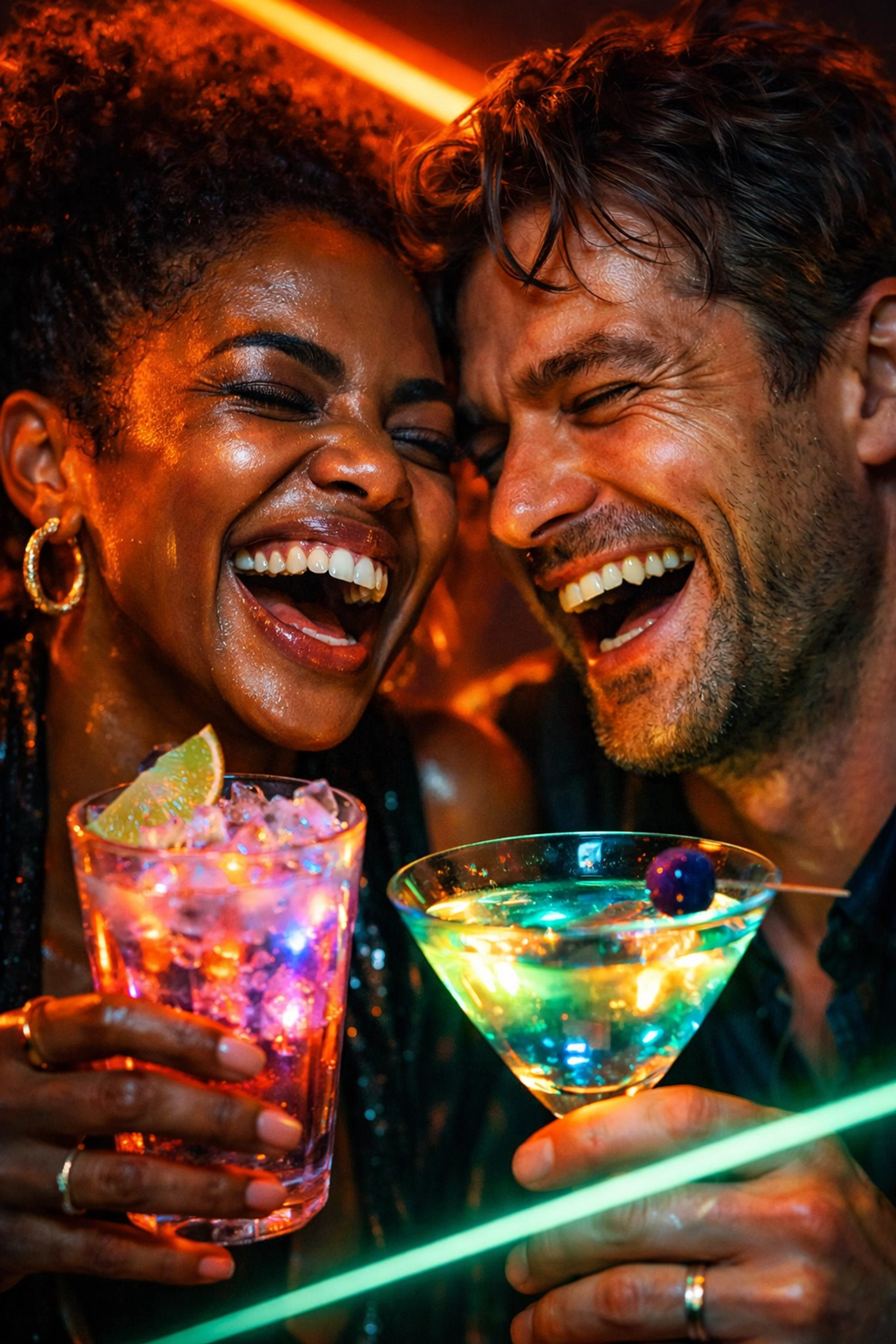 Two people sharing a laugh over cocktails, illustrating the joy of a real-life romantic connection.
