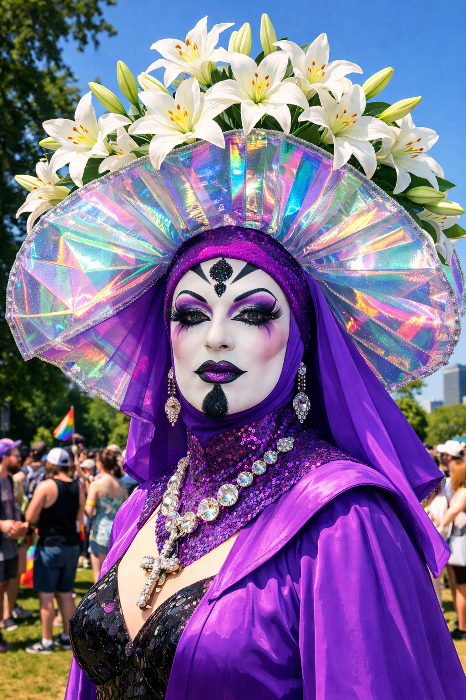 A drag artist wearing a large iridescent Easter bonnet and purple habit during a festive queer celebration.
