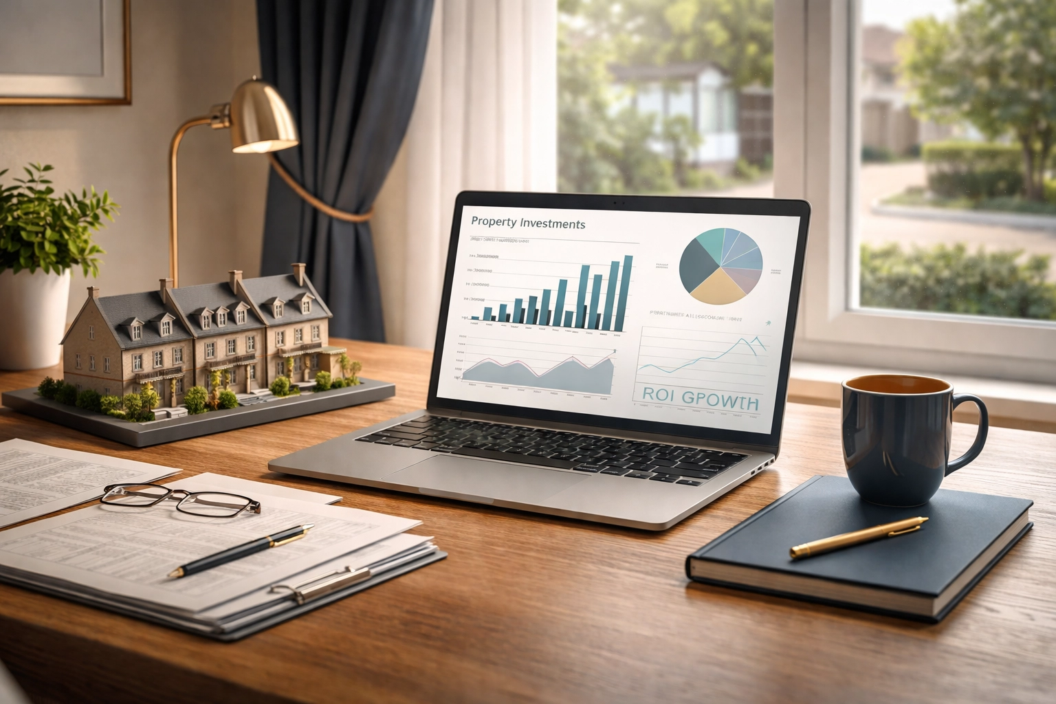 Modern home office desk with laptop, documents, and house model, representing organised buy to let mortgage planning in Oldham.