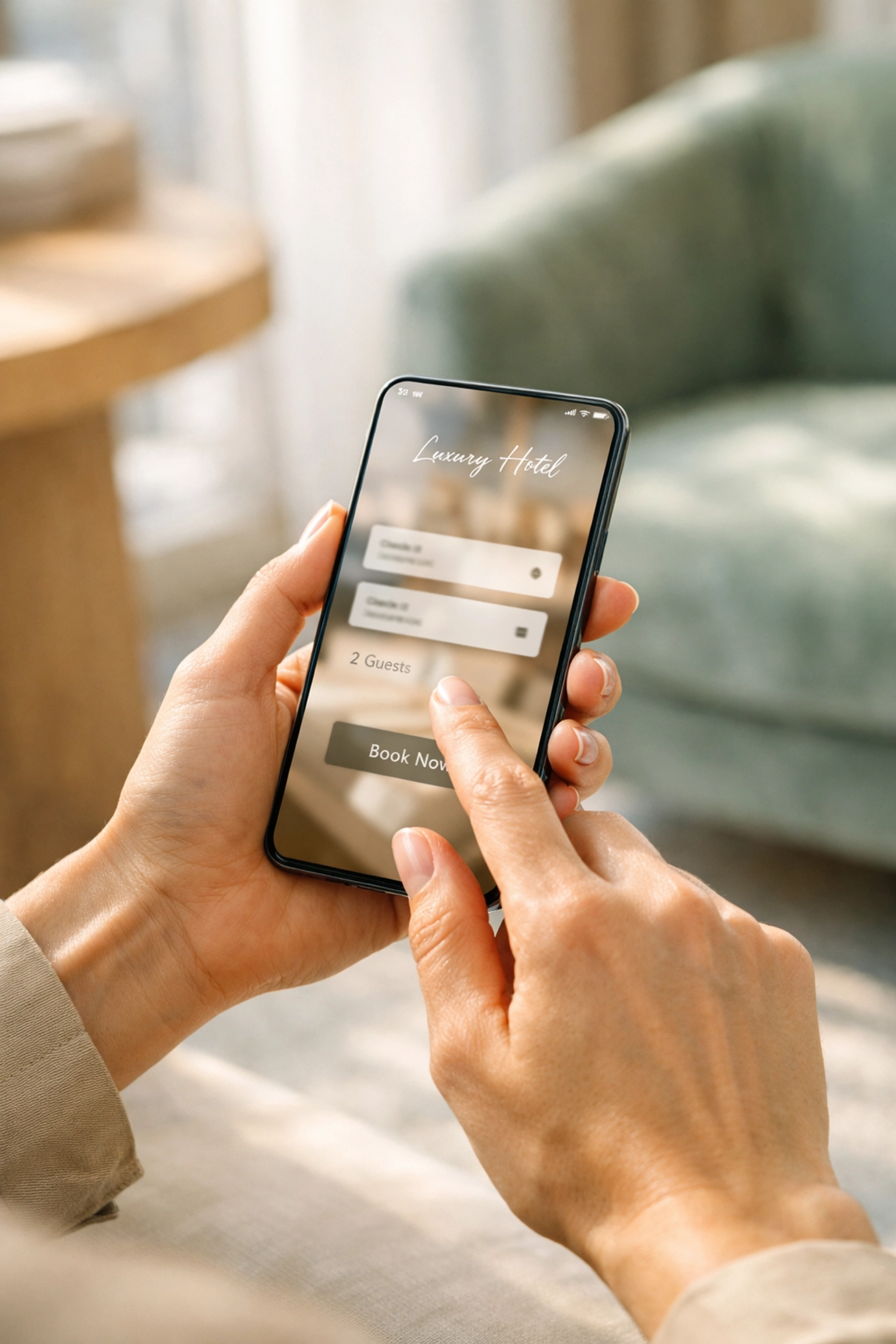 Guest using a mobile-responsive hotel booking engine on a smartphone in a modern lobby.