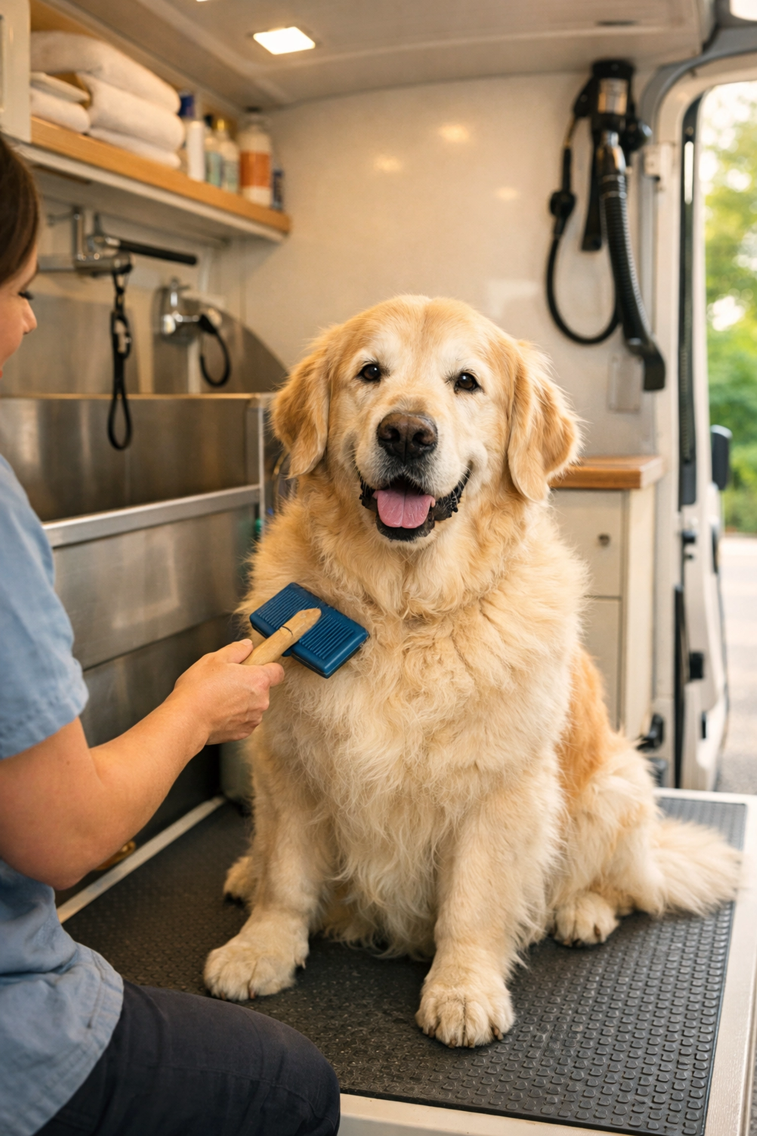 Senior golden retriever receiving gentle grooming inside a mobile dog grooming van in Texas