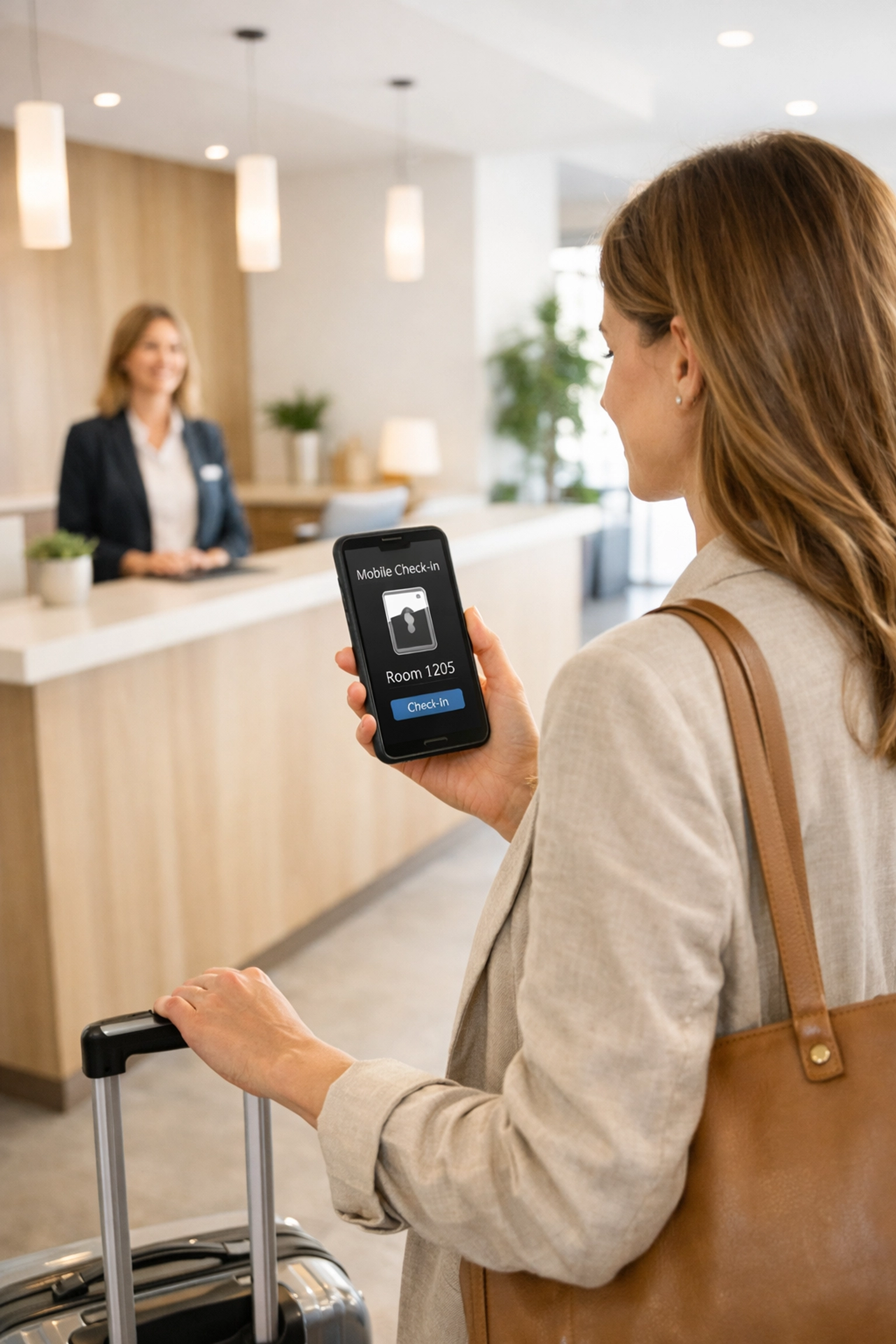 Hotel guest using smartphone for mobile check-in in modern lobby