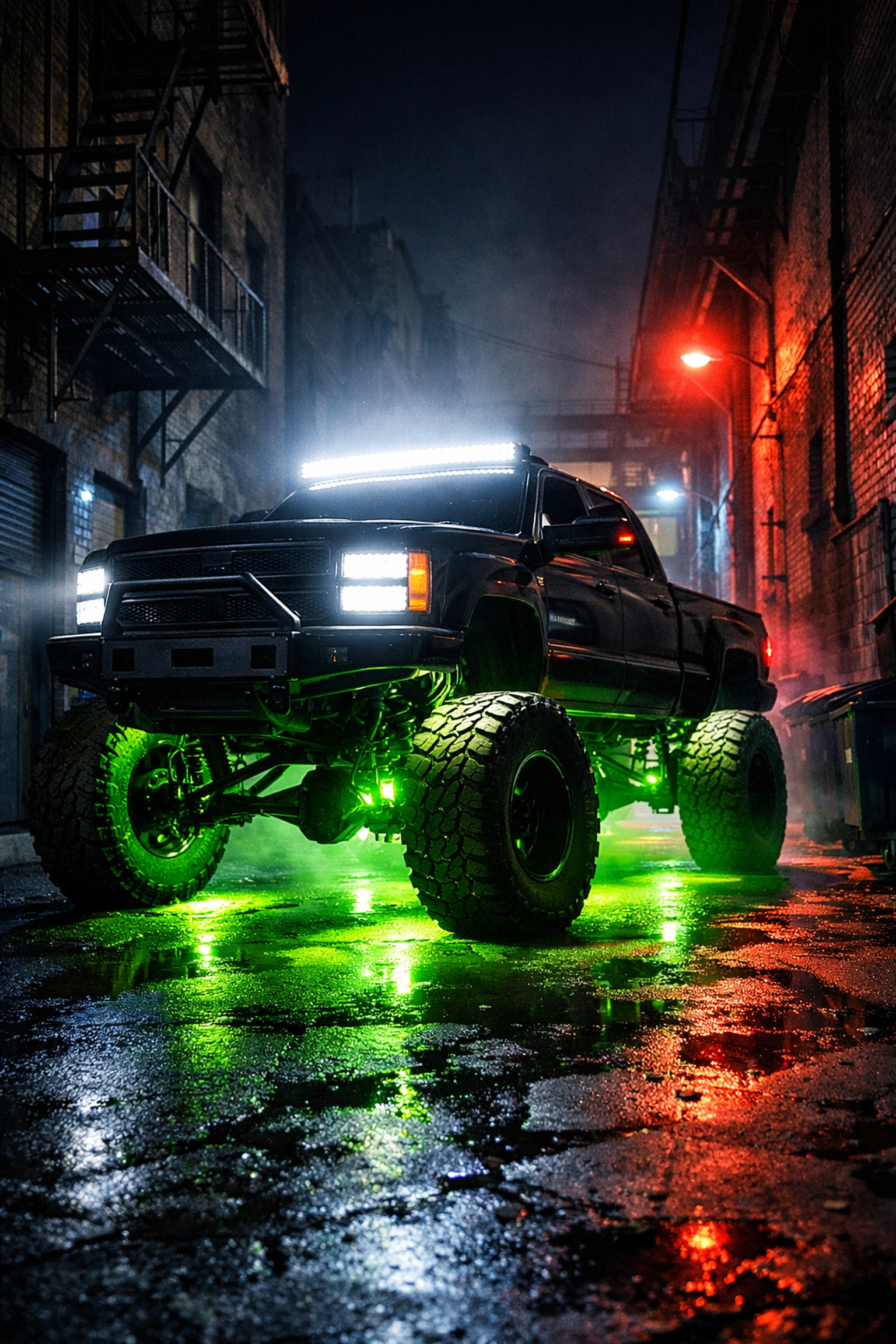 Custom truck accessories and automotive lighting featuring LED light bars and rock lights.