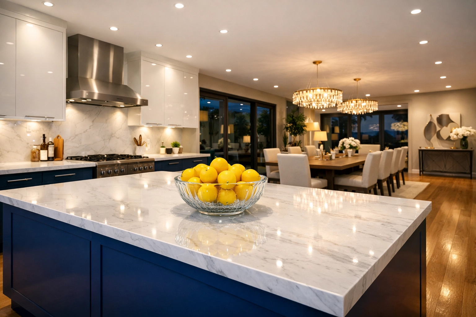 Immaculate luxury kitchen with marble countertops and a blue island cleaned by The Cleaning Ninjas.