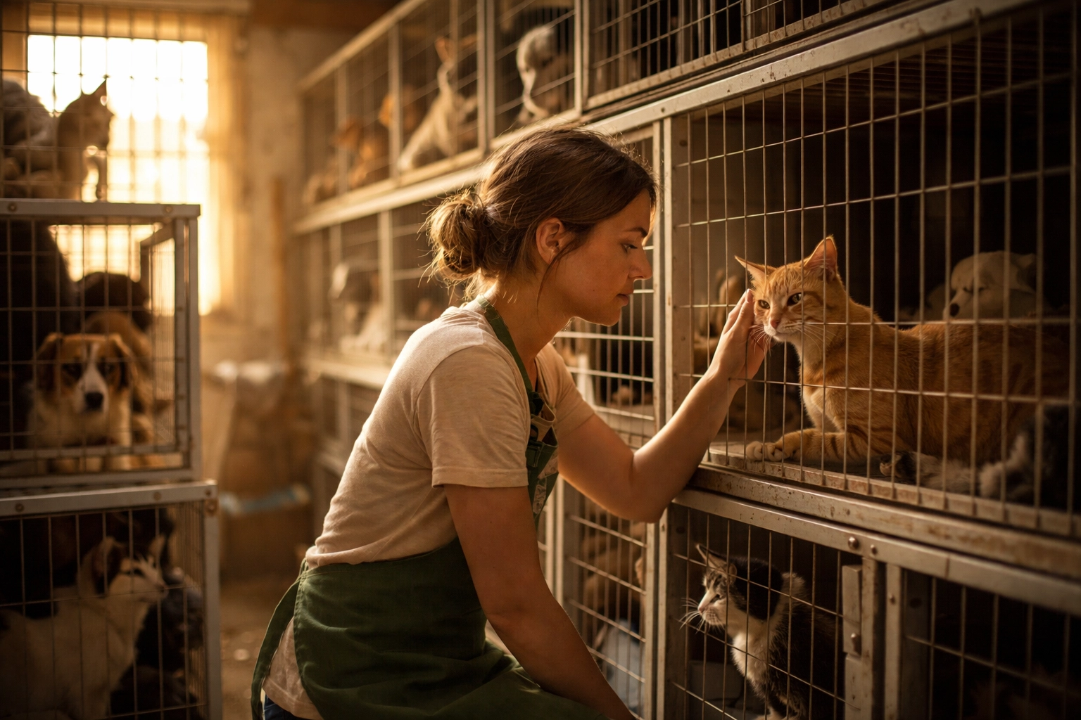 Volunteer comforting cats and dogs in an overcrowded animal shelter, highlighting Bay Area shelter crisis and need for donations