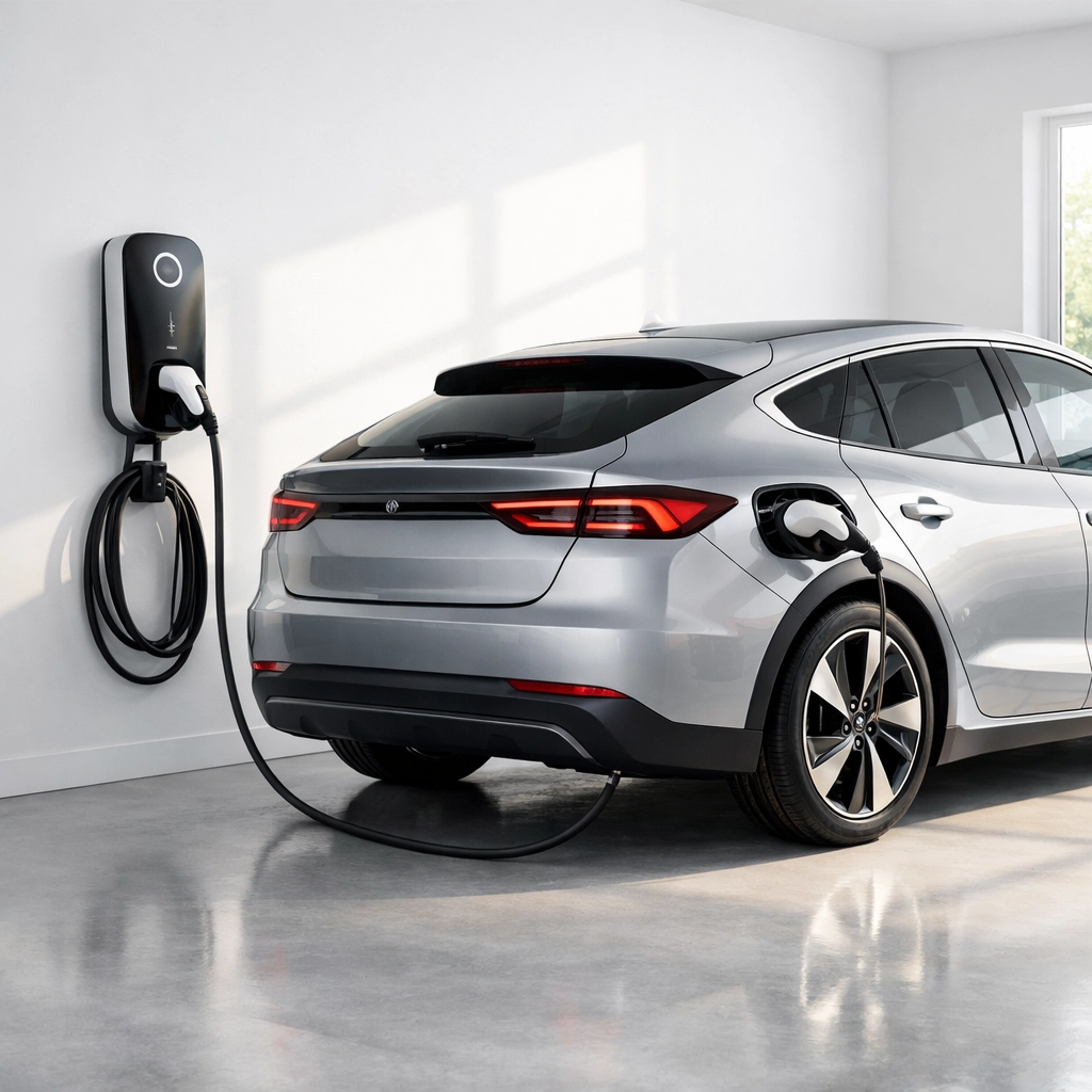 Modern Level 2 EV charger installed in a Portland Maine garage for convenient home electric vehicle charging.