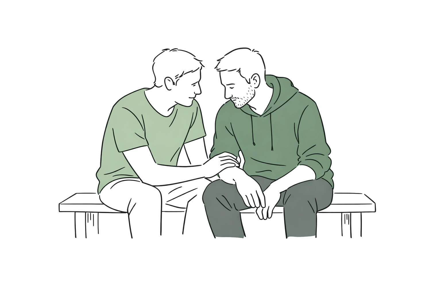 Two men on a bench sharing a supportive moment of allyship within the LGBTQ+ community.