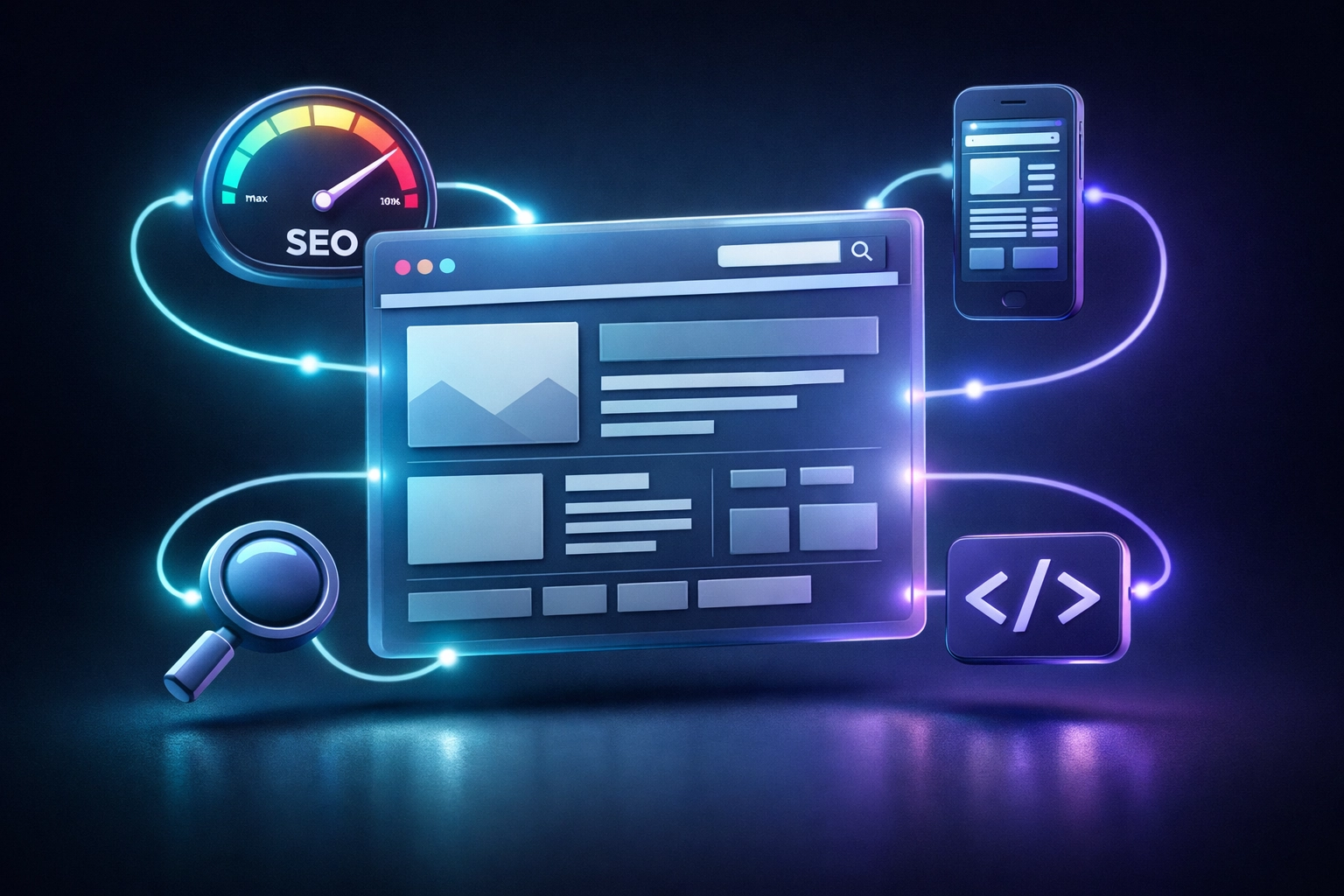 Technical SEO elements including mobile optimization and site speed for web design