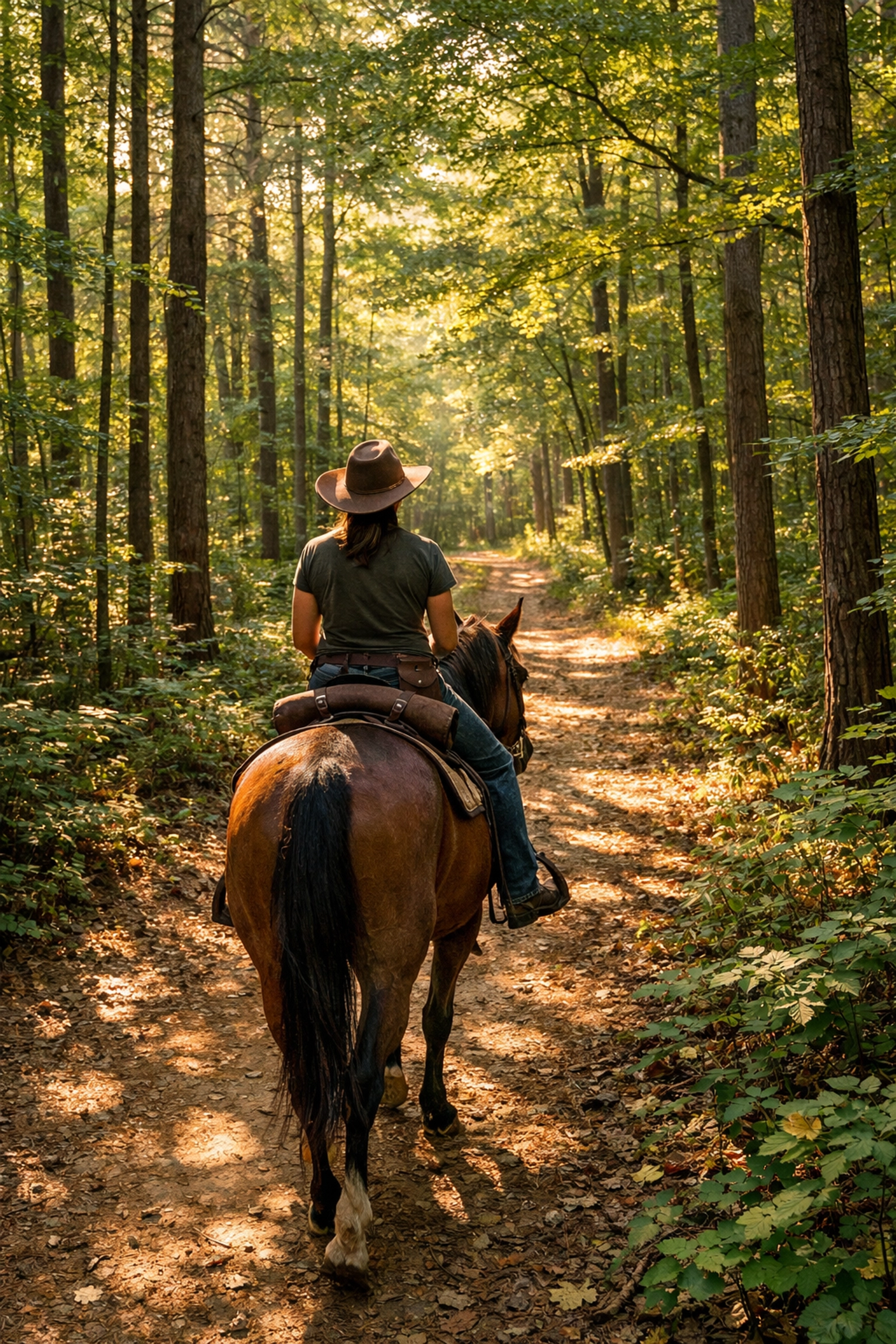 Trail riding through wooded paths near Waxhaw NC horse farms