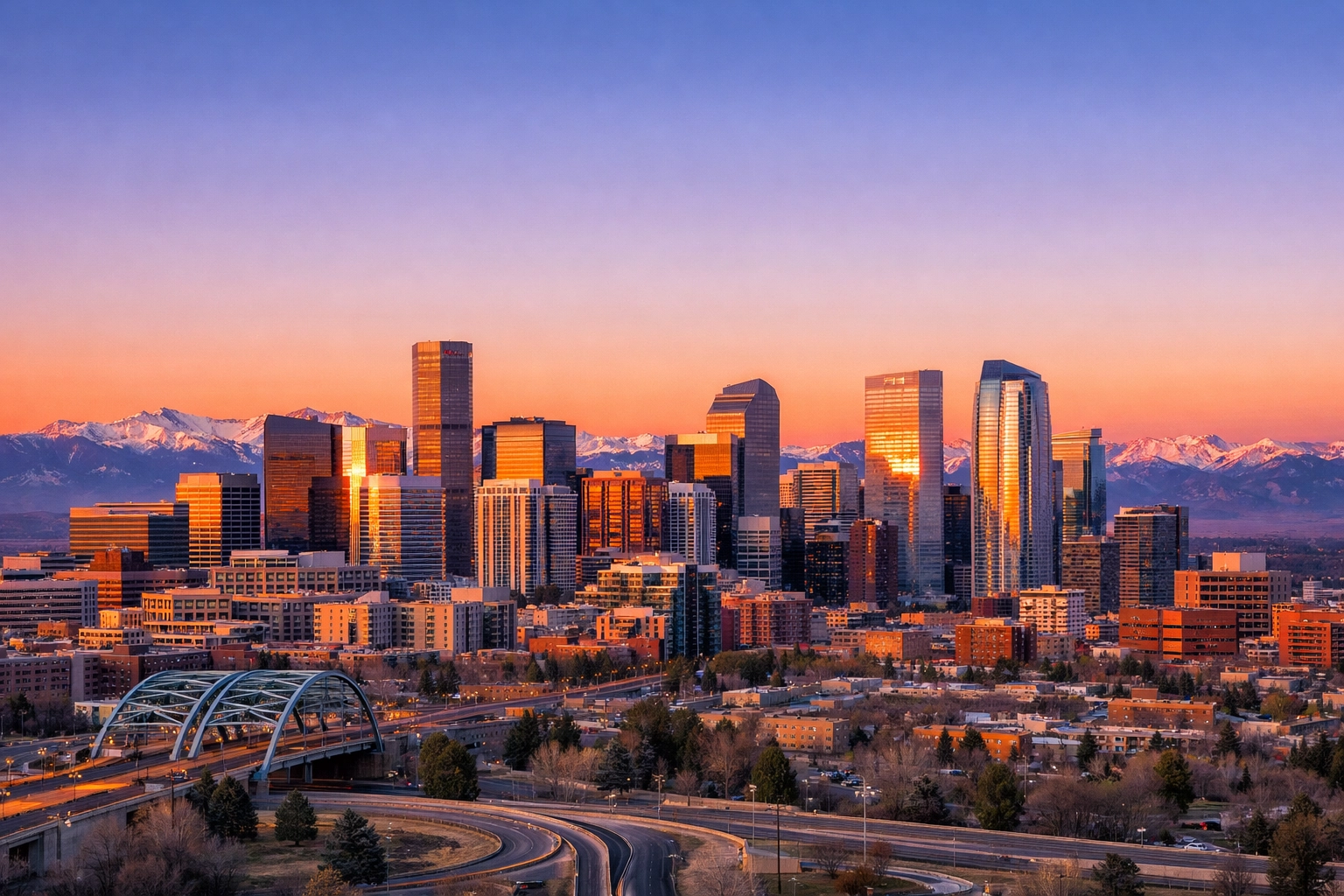 Aspirational view of the Denver skyline at sunrise, home of Tunes On Top and Dakdan Entertainment music marketing.