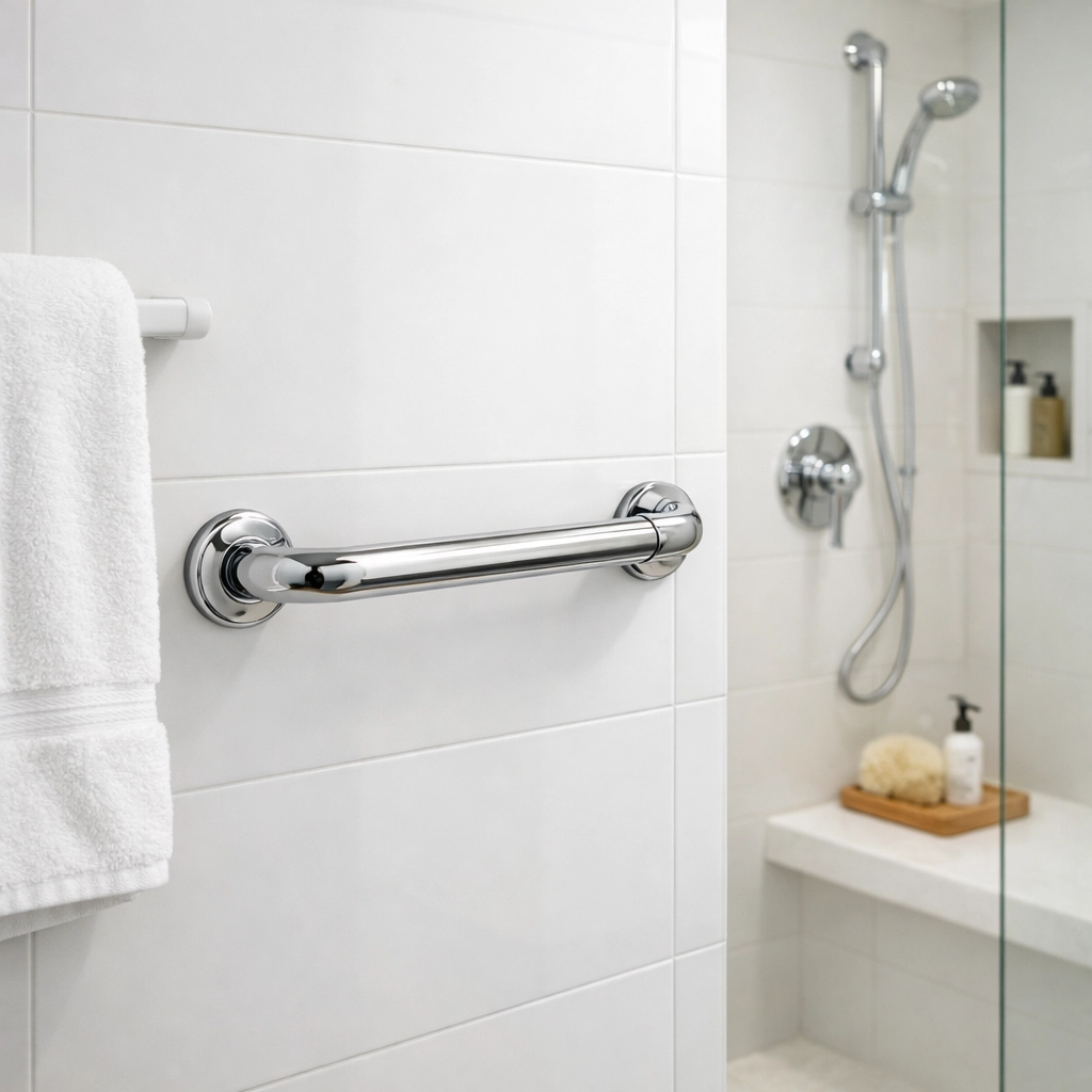 A professional chrome grab bar installed in a bright bathroom to enhance safety and prevent falls for seniors.