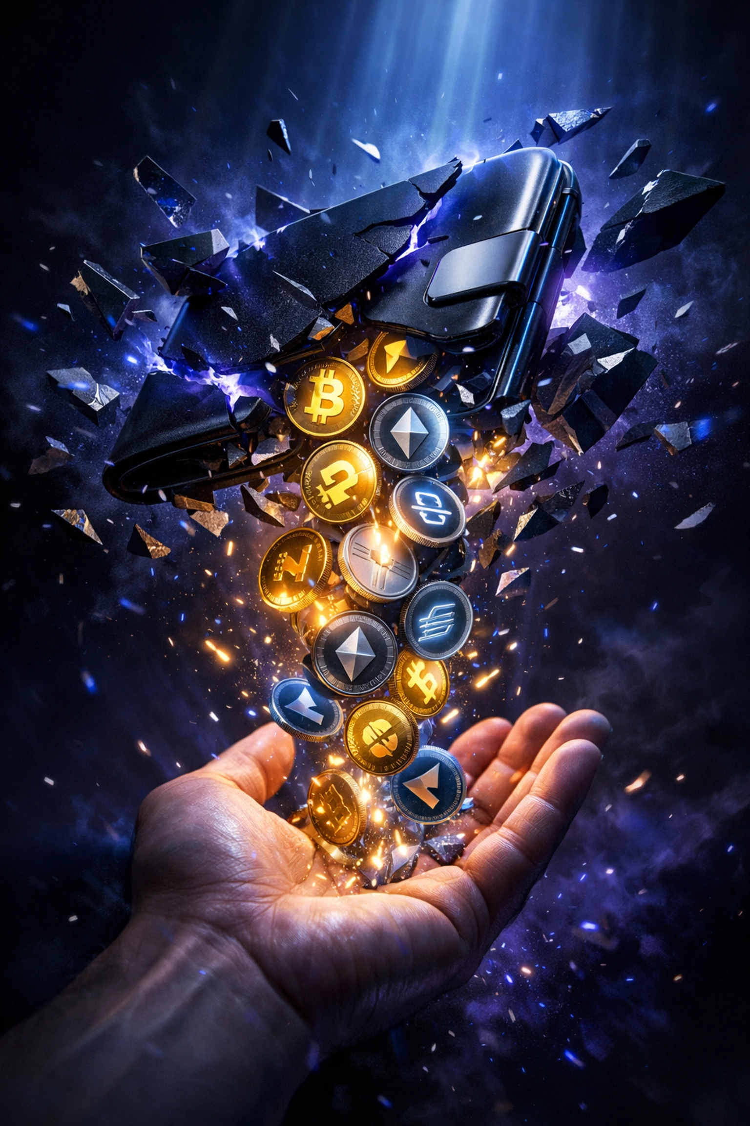 Non-custodial crypto wallet breaking free with tokens flowing to merchant's control