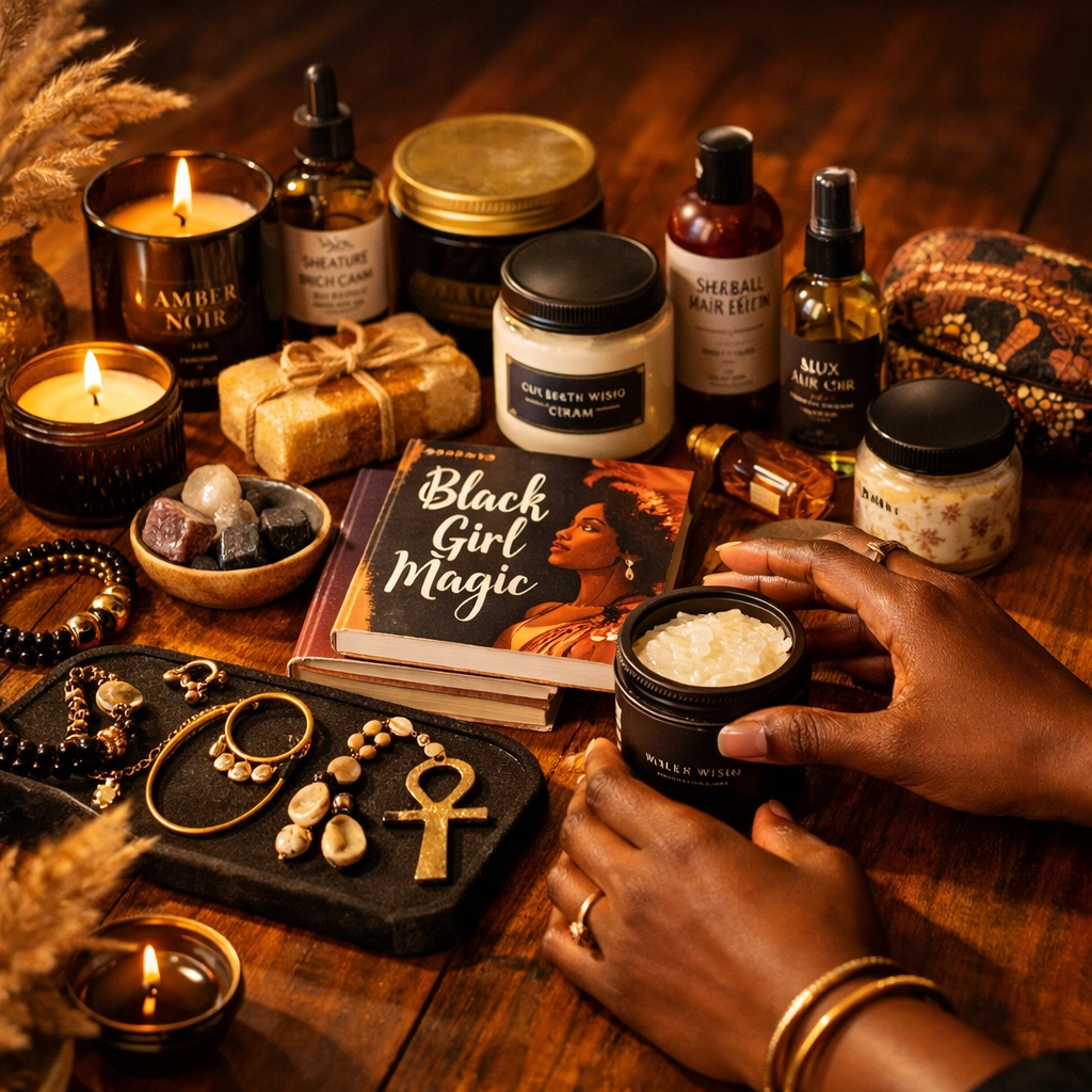 Curated Black-owned business products including candles, hair care, and jewelry for BuyBlack shopping