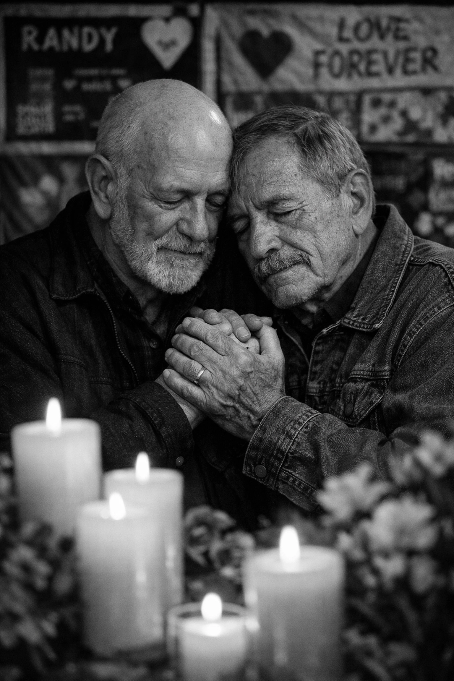 Elderly gay couple embracing at AIDS Memorial Quilt with candles honoring Castro's LGBTQ+ history
