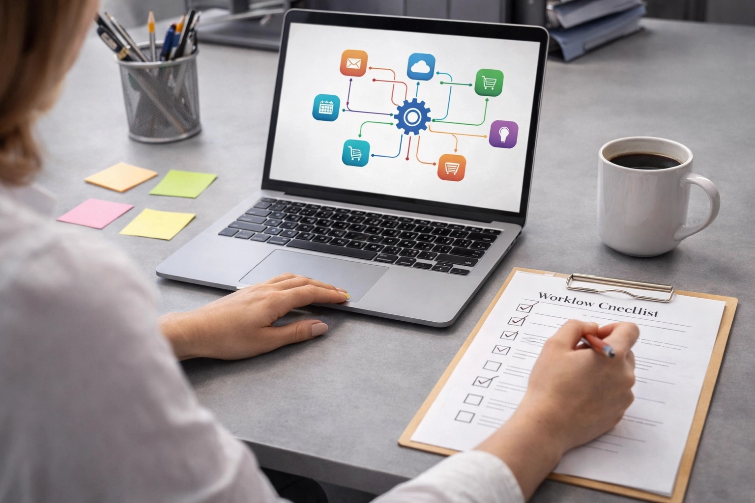 Hands operating a tablet with an interactive workflow diagram on a tidy desk, representing AI workflow automation for admins.