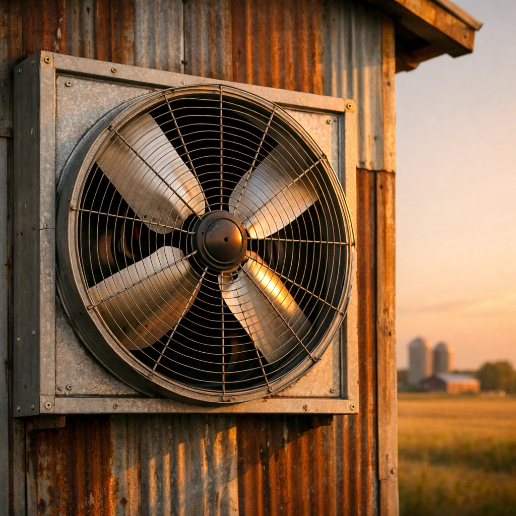 Industrial exhaust fan mounted on an agricultural building for static pressure management