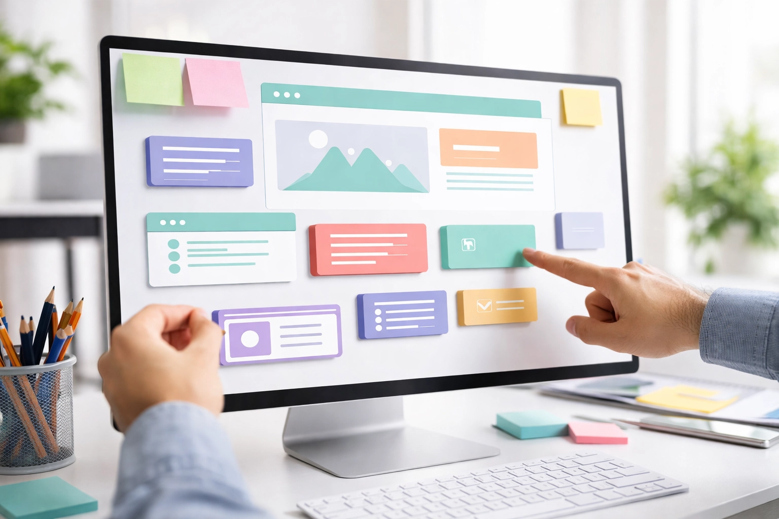 Realistic photo of a marketer organizing a webpage layout into clear content sections on a desk.