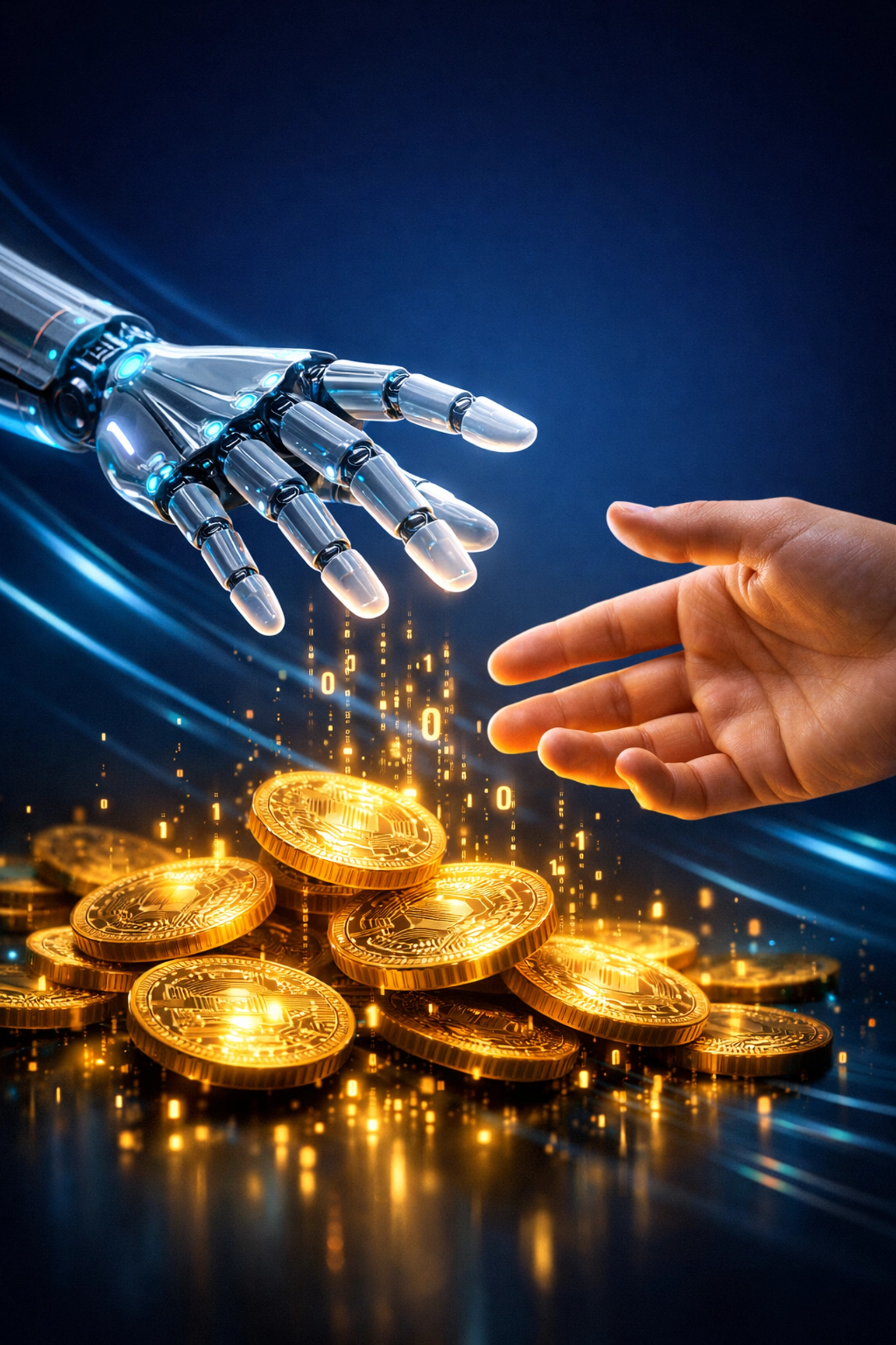 Eine Roboterhand reicht goldene Münzen für staatliche Förderungsmöglichkeiten für KI-Trainings.