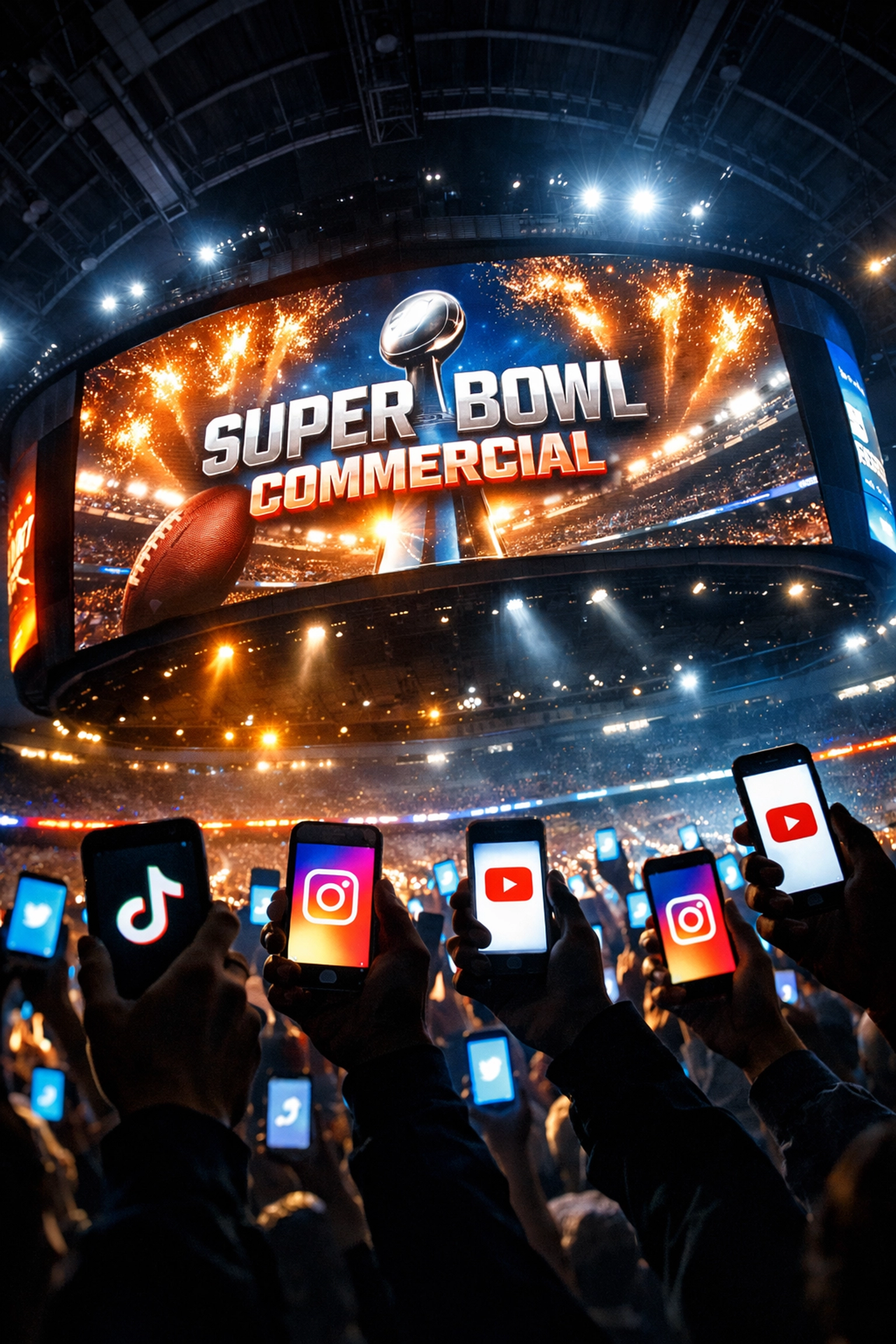 Super Bowl fans holding smartphones showing social media apps while jumbotron displays commercial