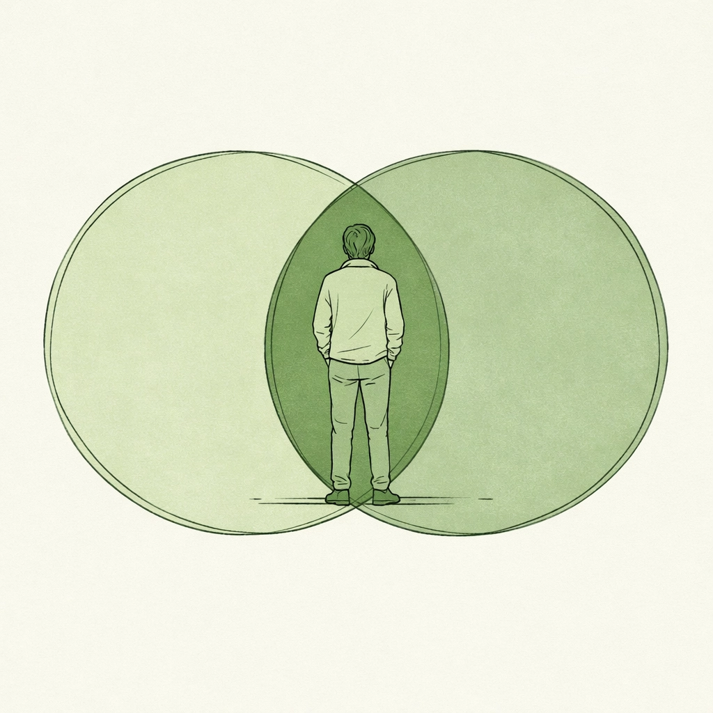 Bisexual man standing at intersection of communities, symbolizing queer identity and visibility