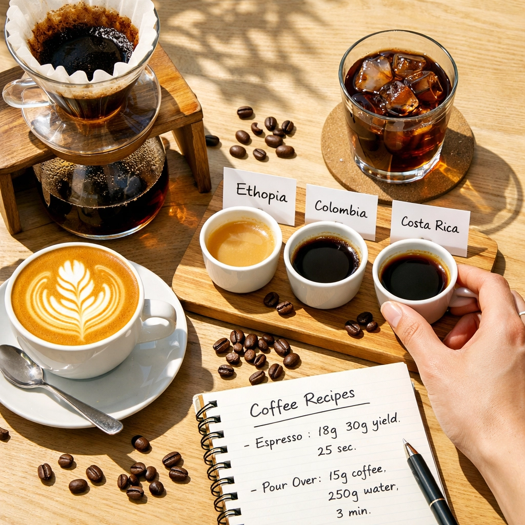 Specialty coffee drinks including latte art, pour-over, and single-origin samples with recipe notes