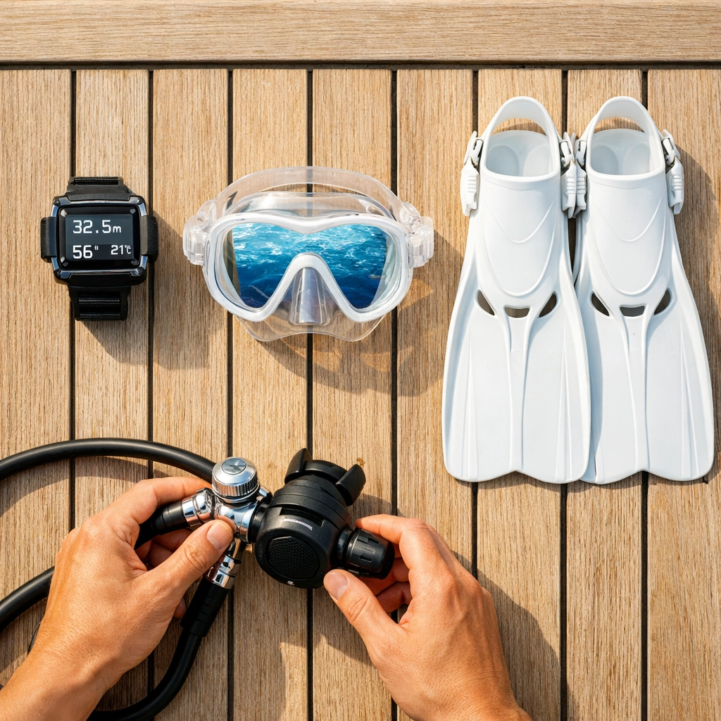 High-end scuba diving gear and dive computer organized on the deck of a luxury liveaboard.