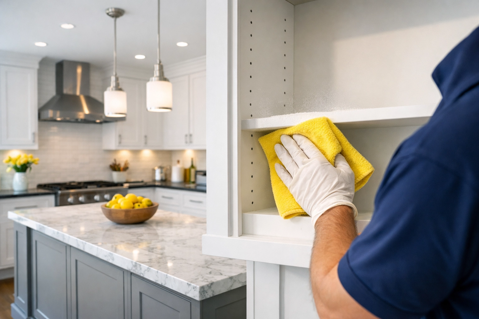 Professional post-construction cleaning in a Hudson kitchen removing fine dust from cabinets.