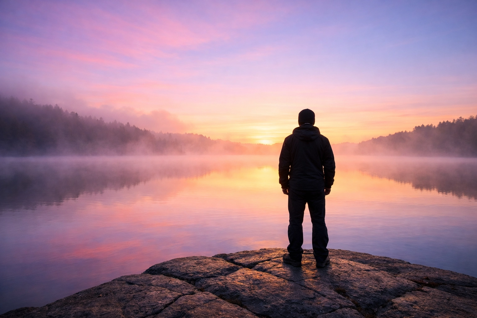 Person standing on solid rock at dawn symbolizing Biblical foundation and stability