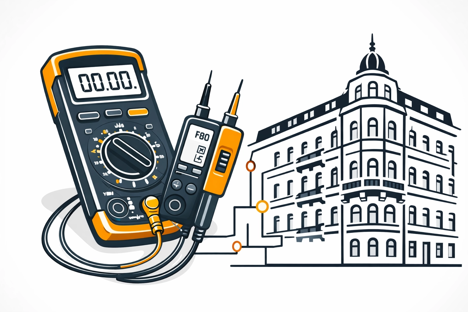 Illustration: Prüfgerät/Multimeter-Icon mit Schaltplan-Linien zur Gebäude-Infrastruktur (1060)