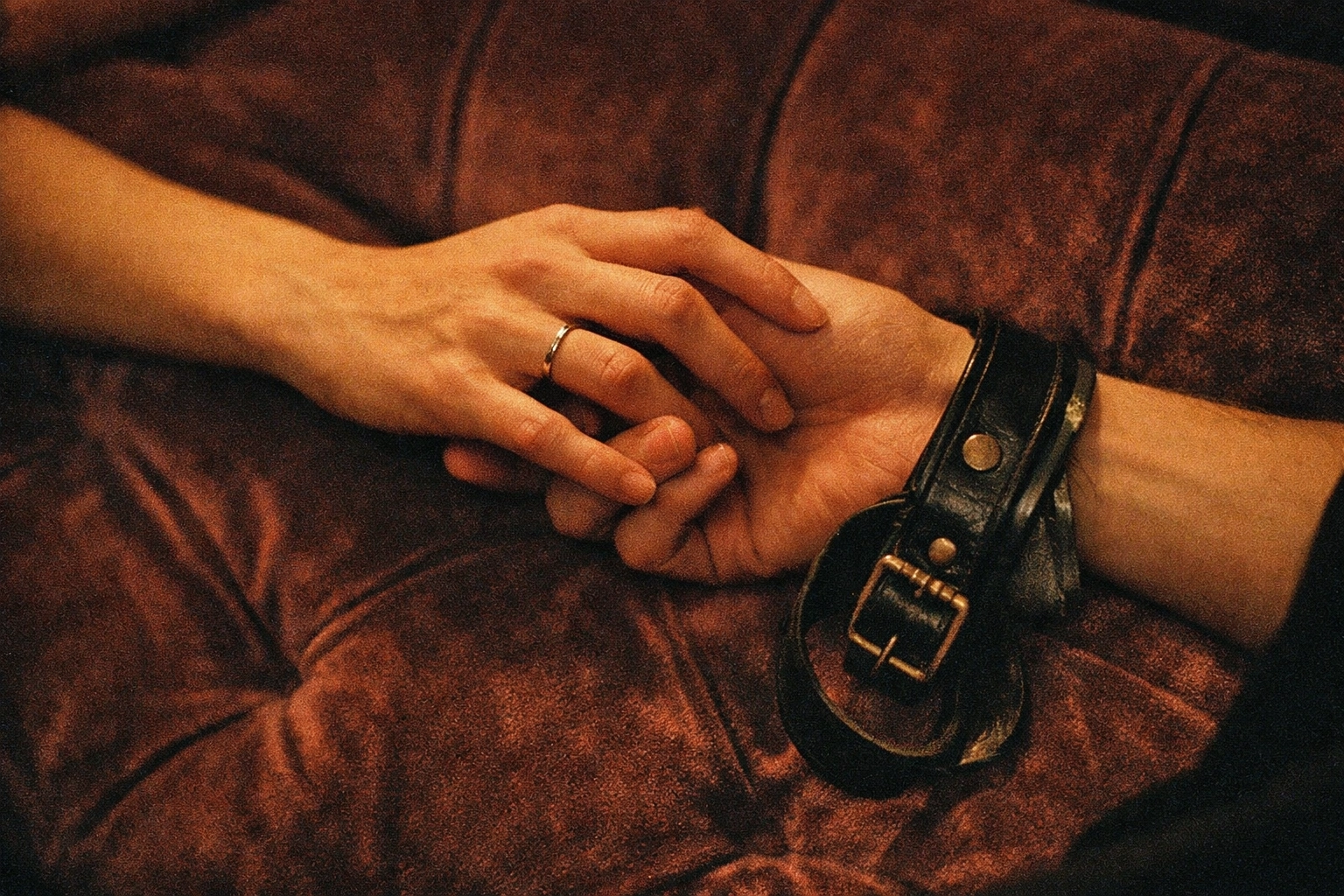 Hands intertwined on a velvet couch, a simple ring and a leather cuff held loosely—tender, not theatrical