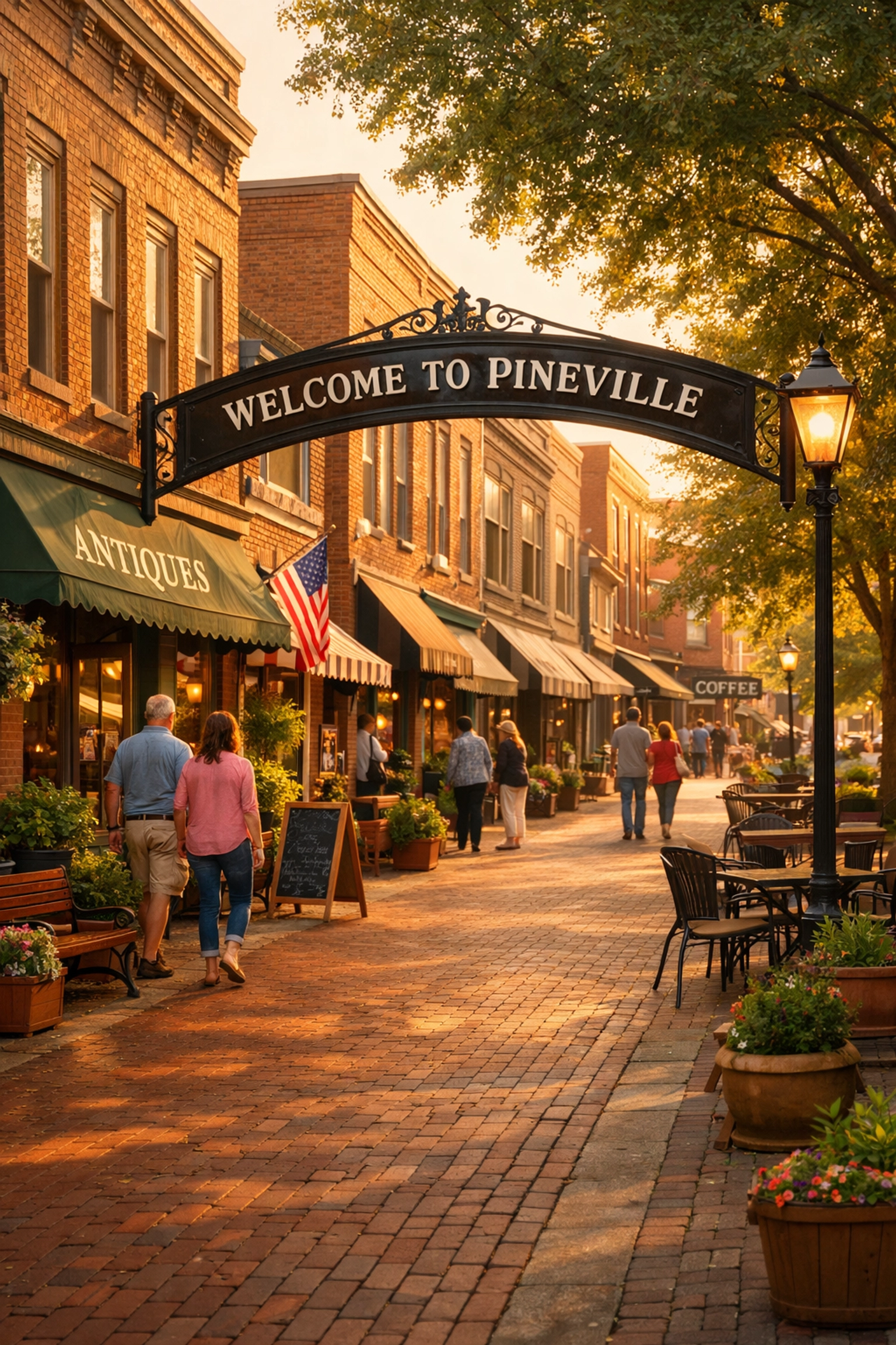 Historic downtown Pineville with brick sidewalks and local shops showcasing small-town charm
