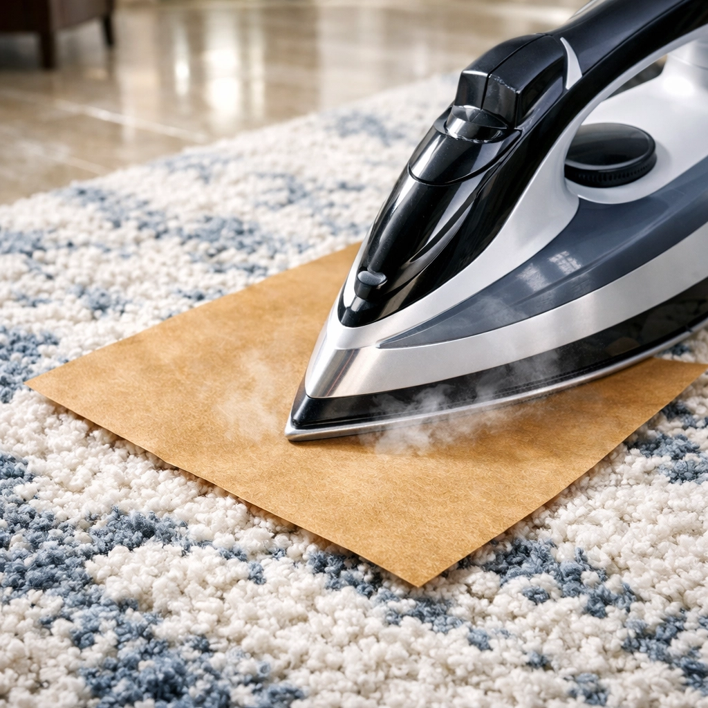 Removing candle wax from a textured rug using a low-heat iron and protective paper.