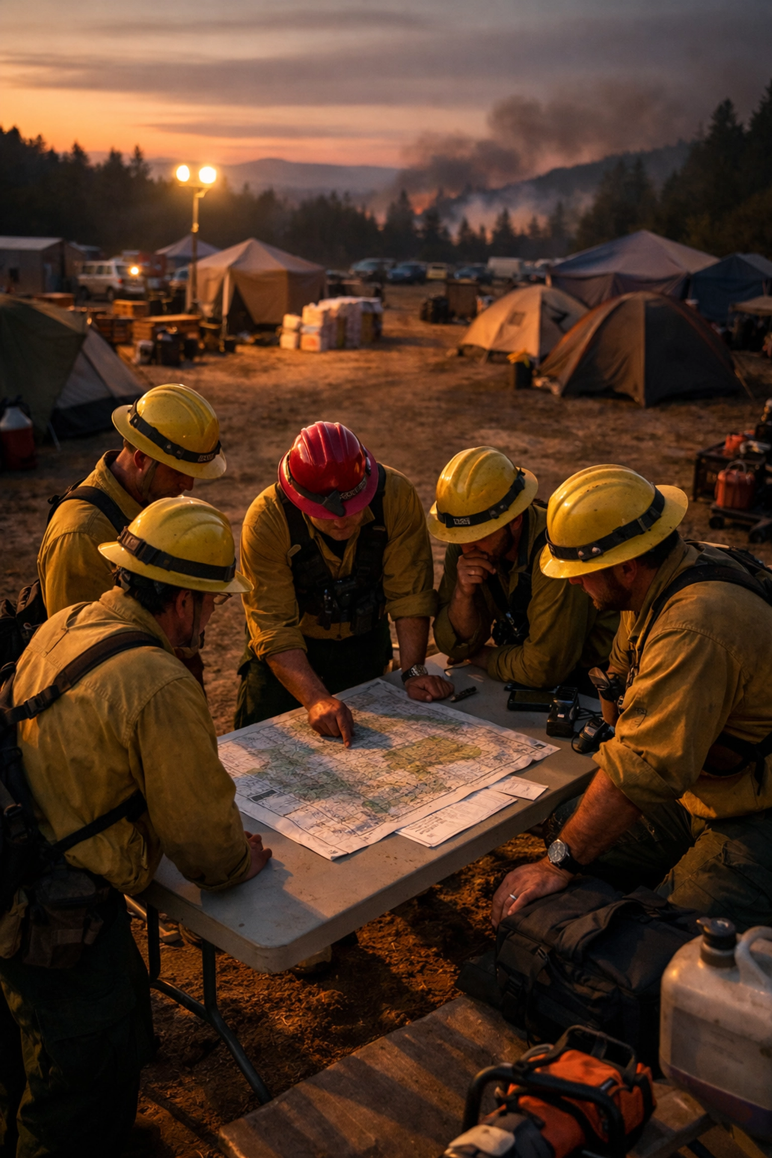 Wildland fire crew briefing at remote fire camp preparing for deployment