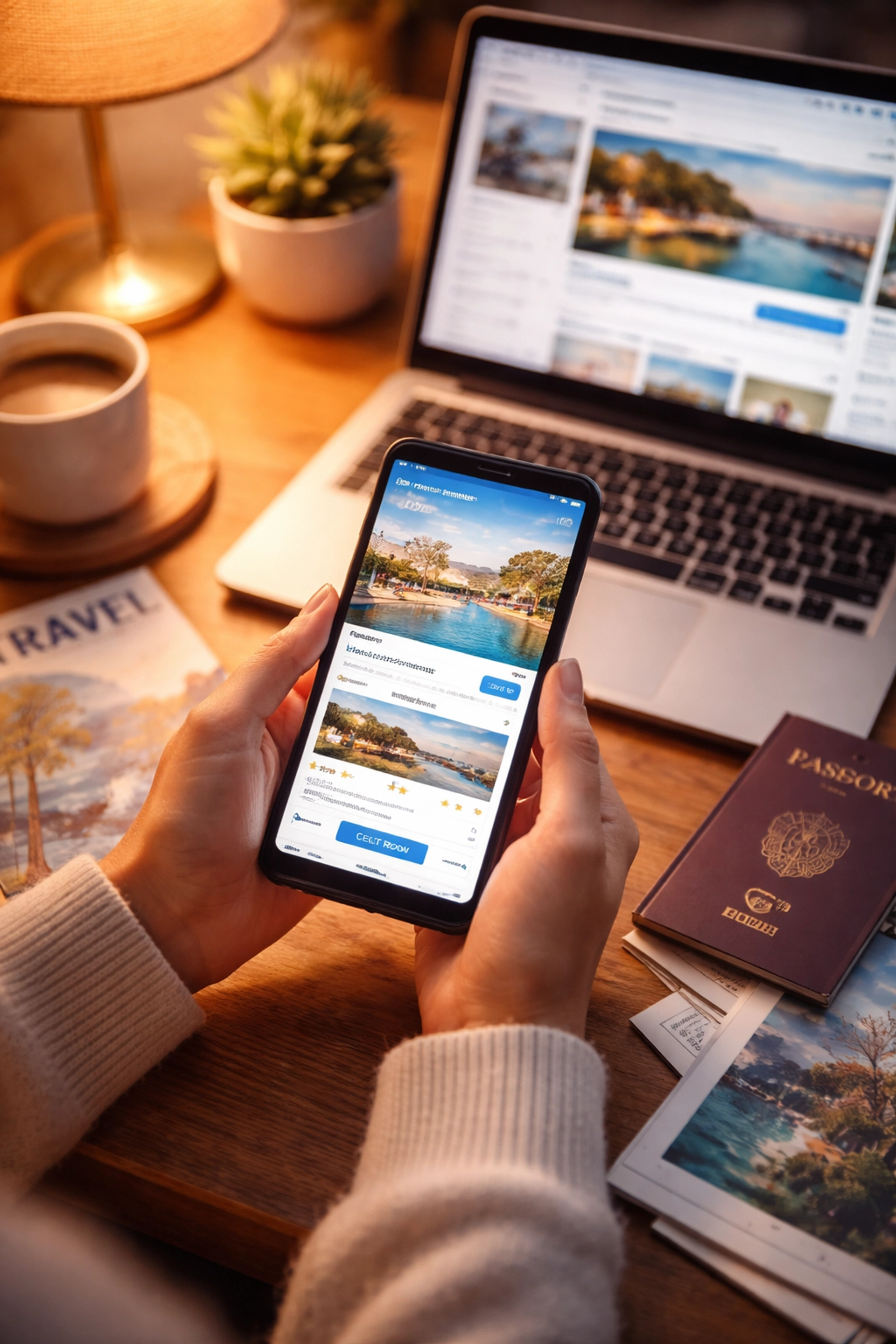 Person booking LGBTQ friendly hotel on phone and laptop, planning a safe, affirming stay