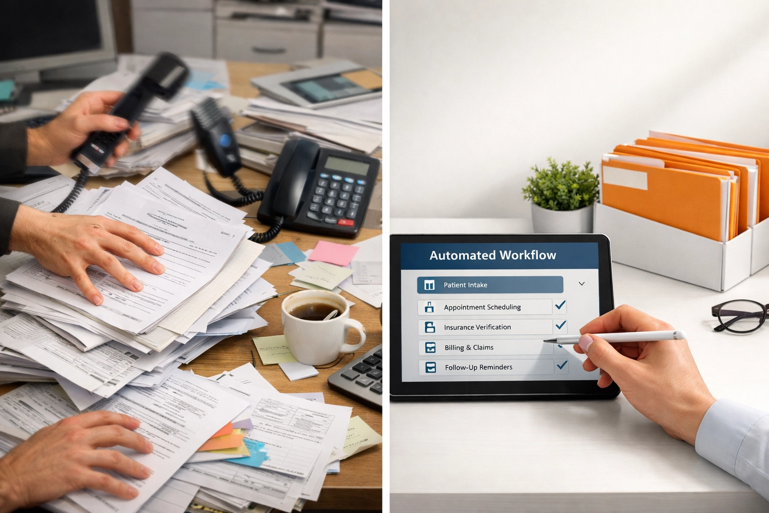 Healthcare practice workflow transformation from manual chaos to automated digital efficiency and organization