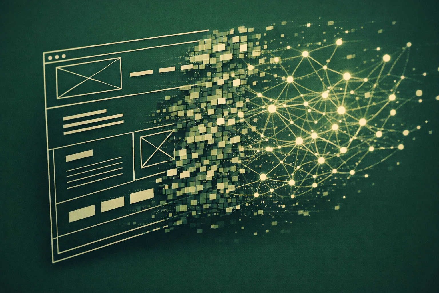 Website wireframe dissolving into a neural network symbolizing the shift to AI discovery and data structure.