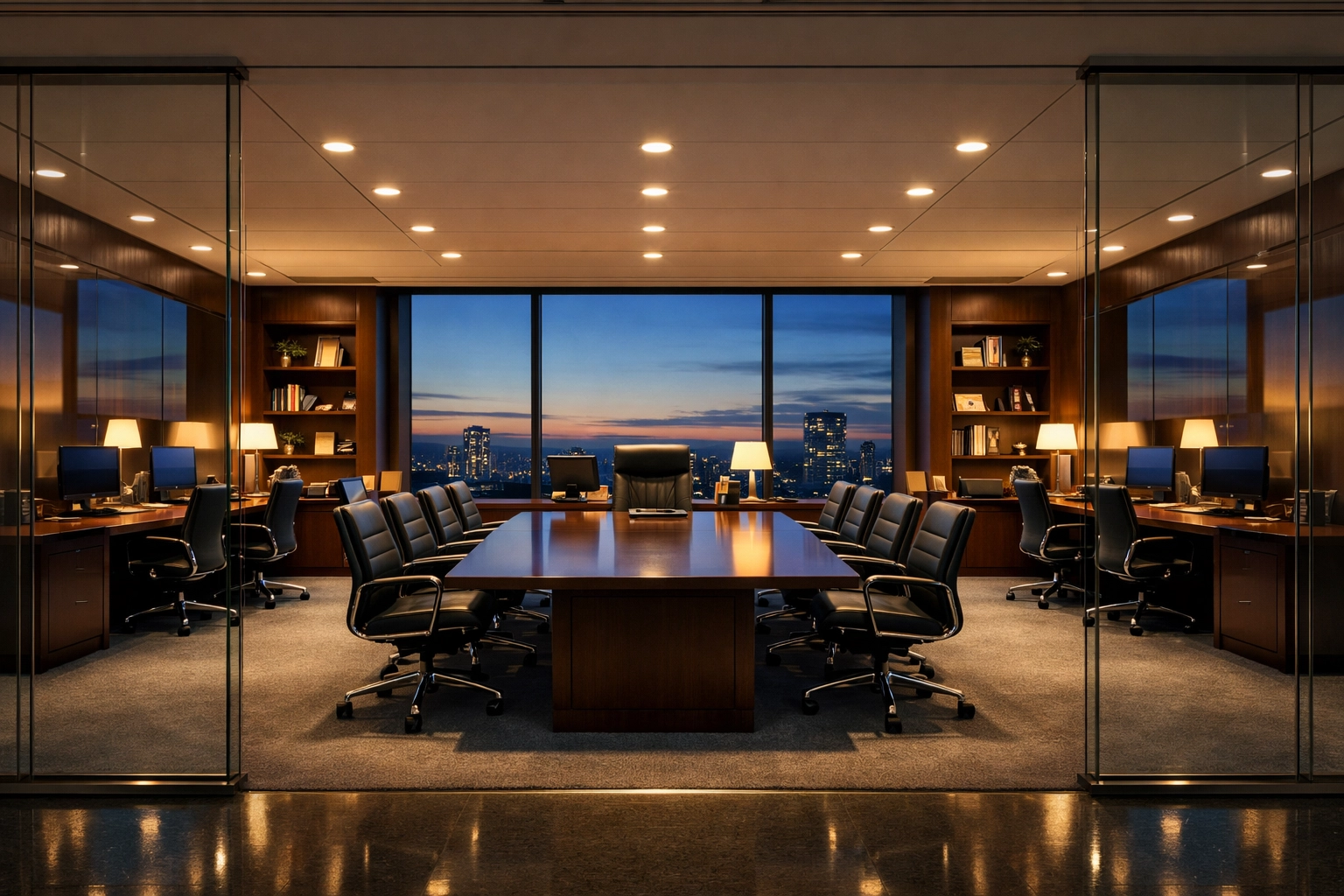 A perfectly organized and professionally cleaned corporate office suite with streak-free glass.