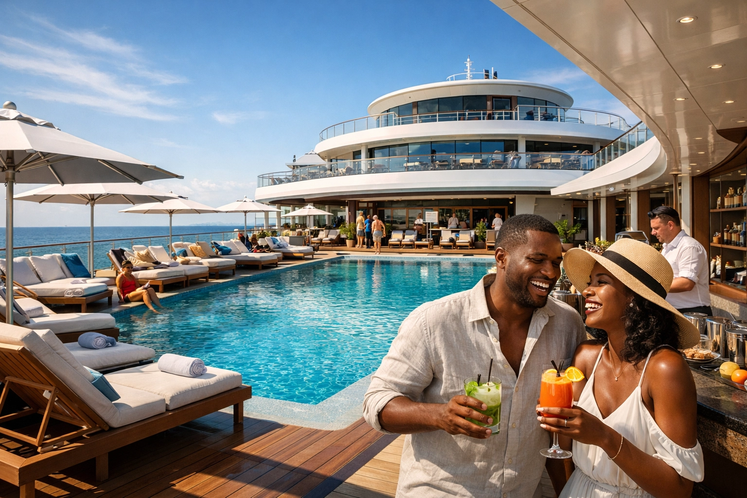 Diverse travelers enjoy a modern ship deck, ideal for those booking through a Lifestyle Cruises travel agent.