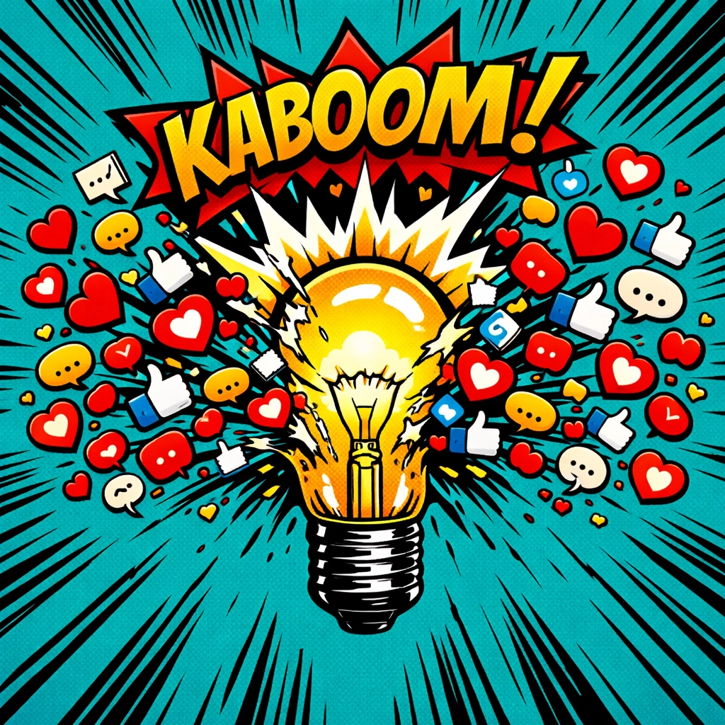 An exploding lightbulb releasing social media icons to illustrate AI-powered content creation.