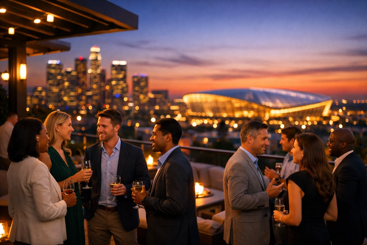 Executives networking at a high-end rooftop lounge overlooking a Super Bowl stadium at sunset.