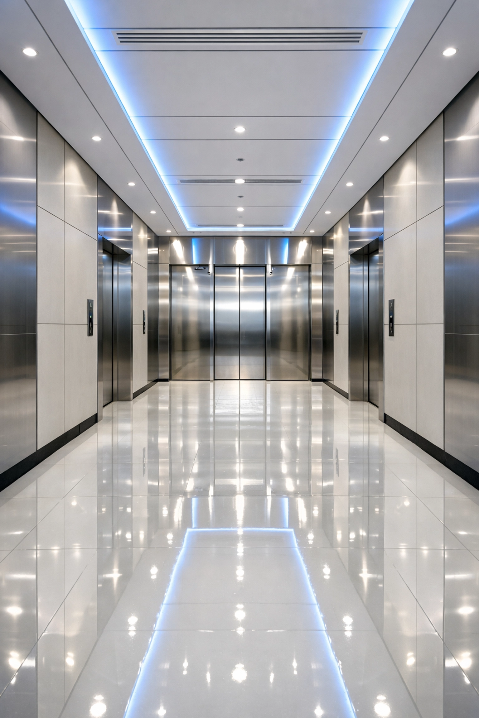 Pristine commercial building corridor and polished elevators maintained by expert cleaners.