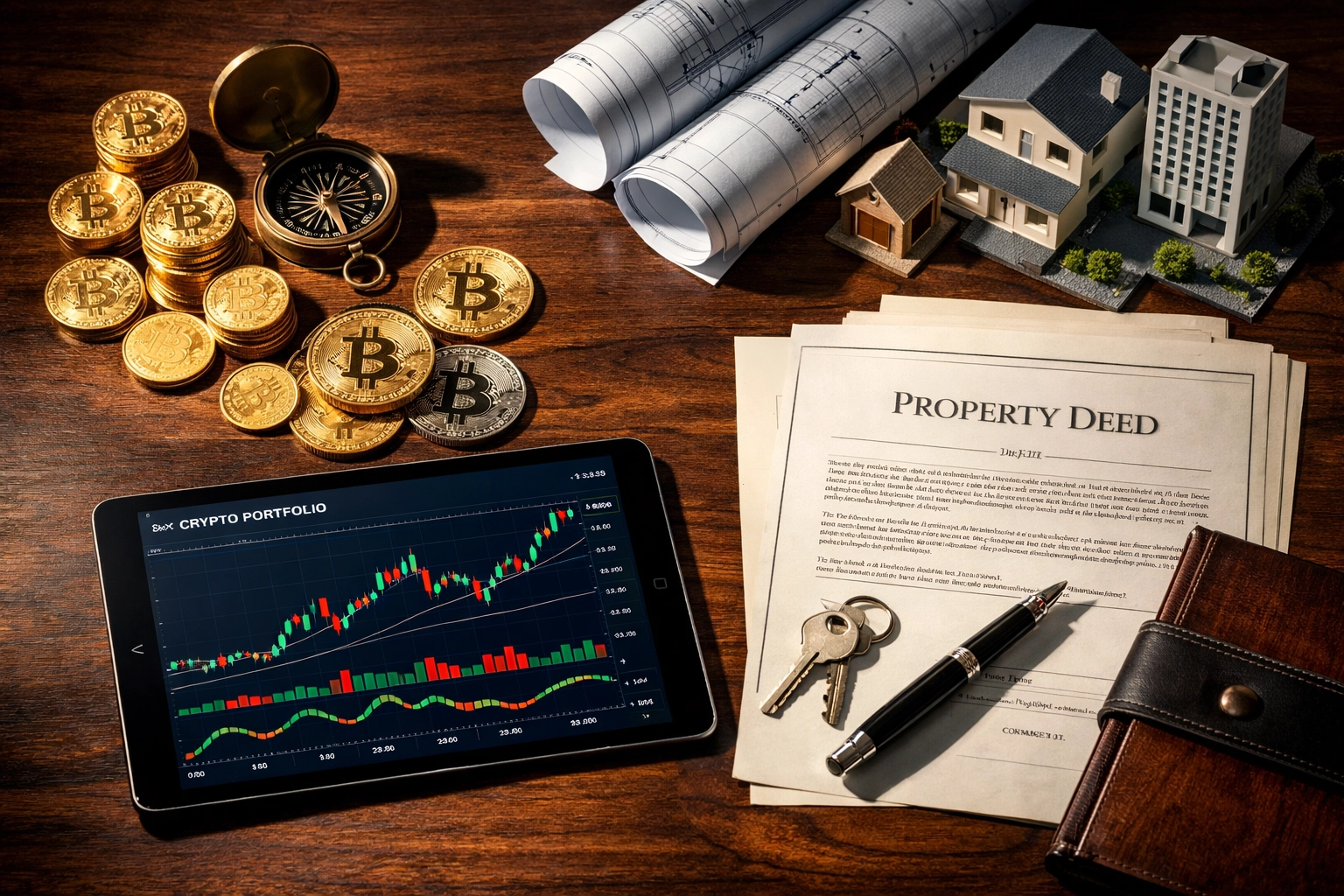 Diversified investment portfolio with crypto coins, real estate documents, and architectural blueprints