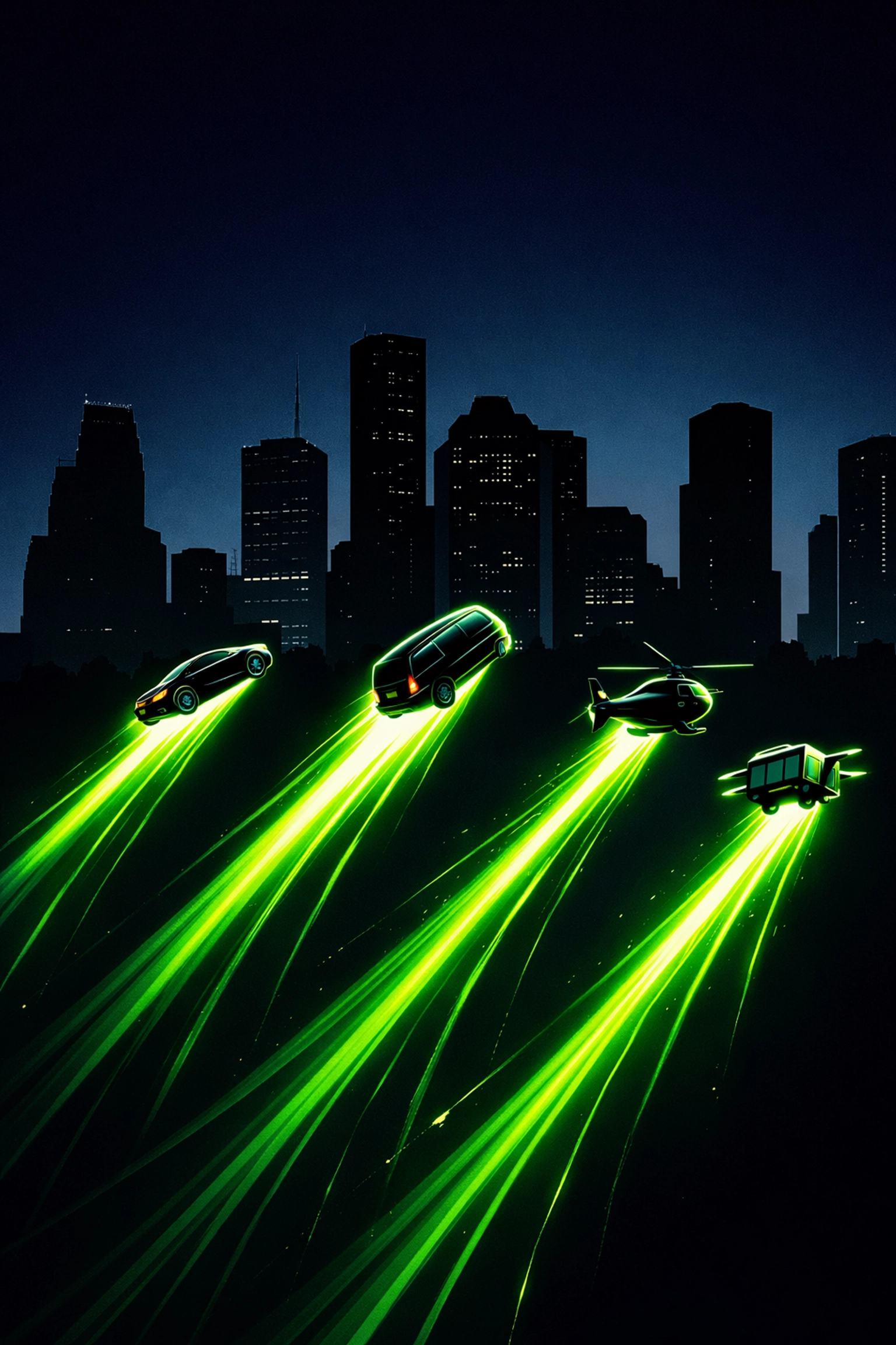 Houston skyline silhouette with fast-moving service vehicles illustrating growth for HVAC repair Houston businesses.