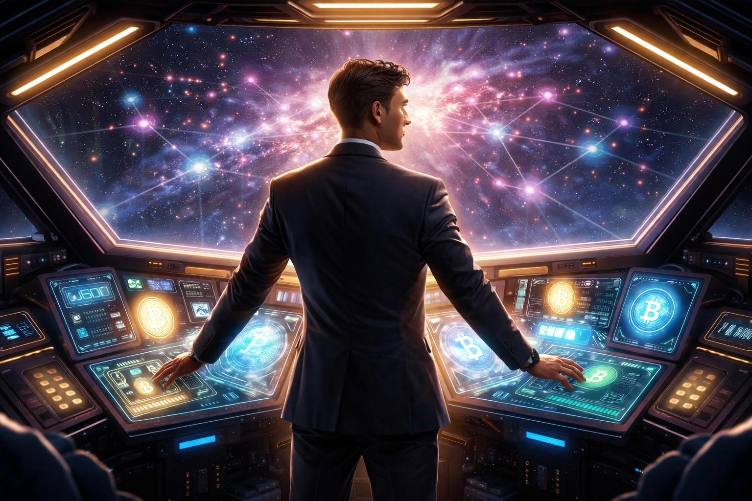 Confident merchant at a futuristic spaceship control panel, representing independence and control in decentralized crypto payments