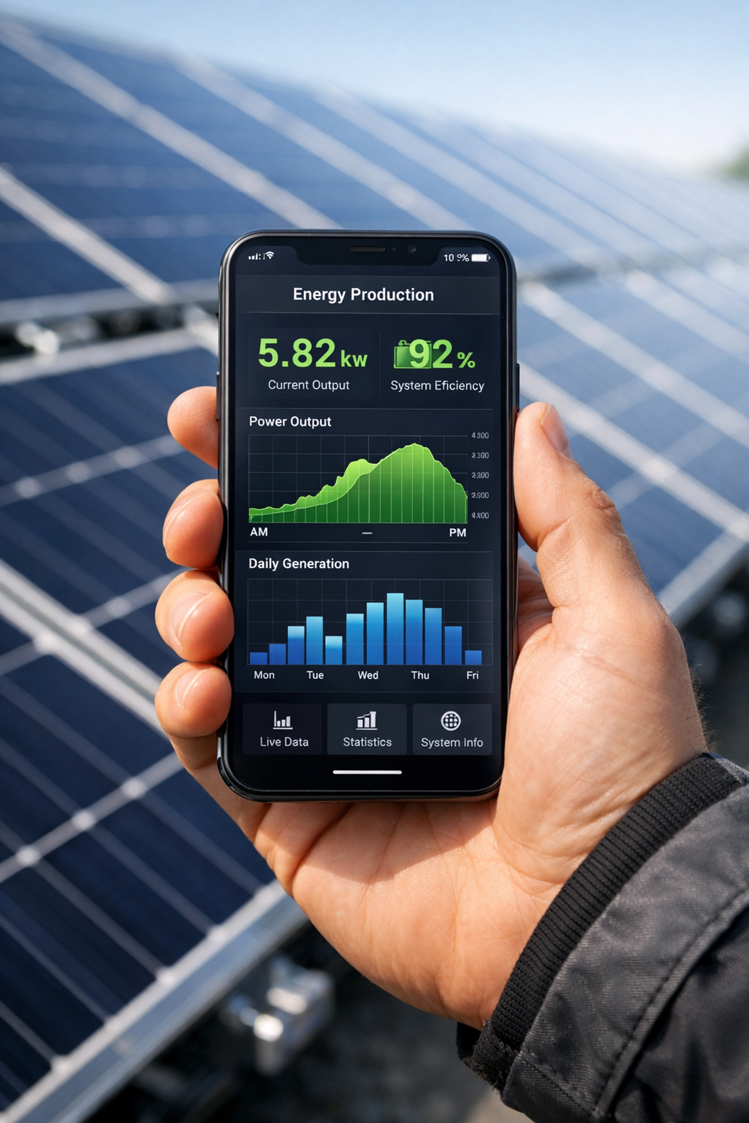 Smartphone app tracking real-time energy production and ROI metrics for a commercial solar system.